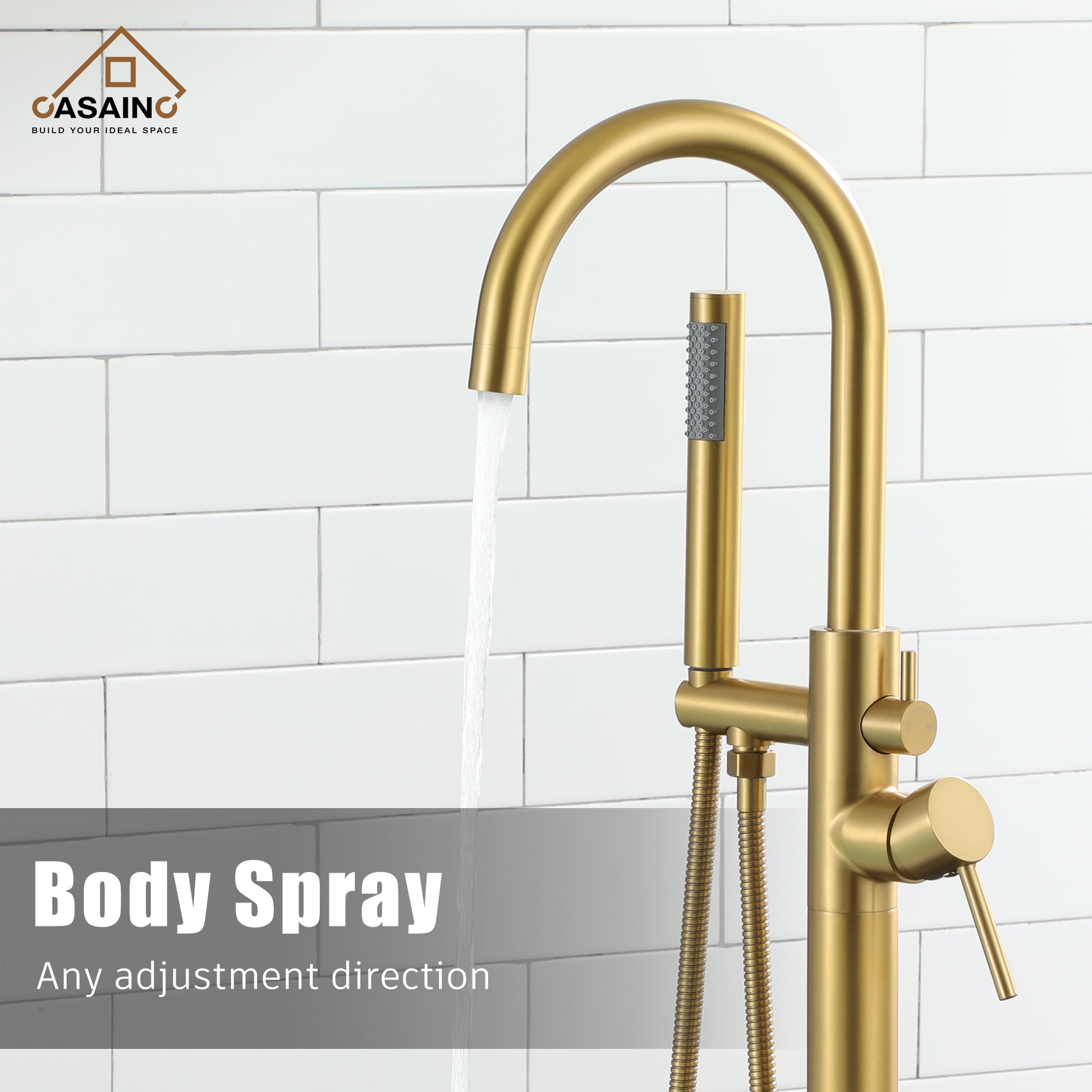 Freestanding Bathtub Faucet with Hand Shower in Brushed Brass