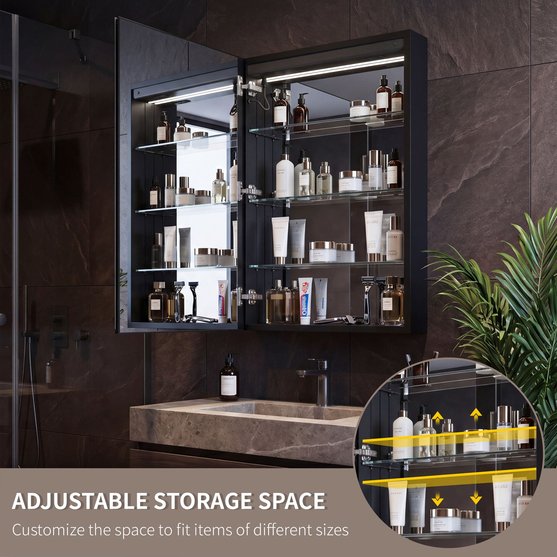 24"x36" Single Door Bathroom Medicine Cabinet with Anti Fog LED Mirror