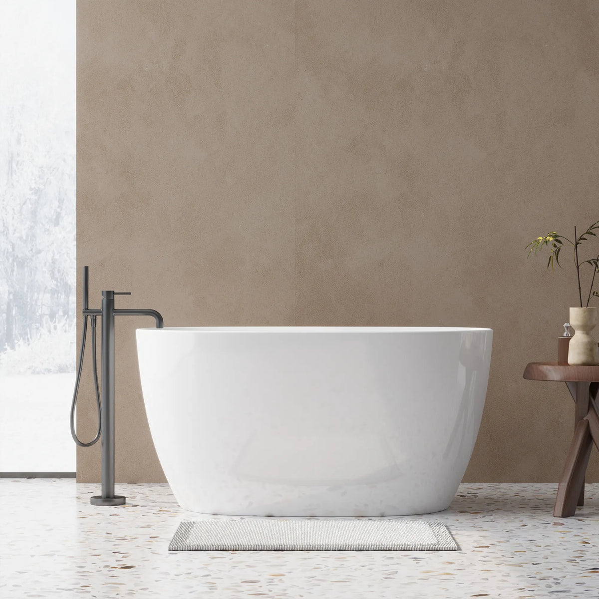 47" Gloss White Acrylic Oval Freestanding Bathtub with Chrome Overflow and Pop-Up Drain