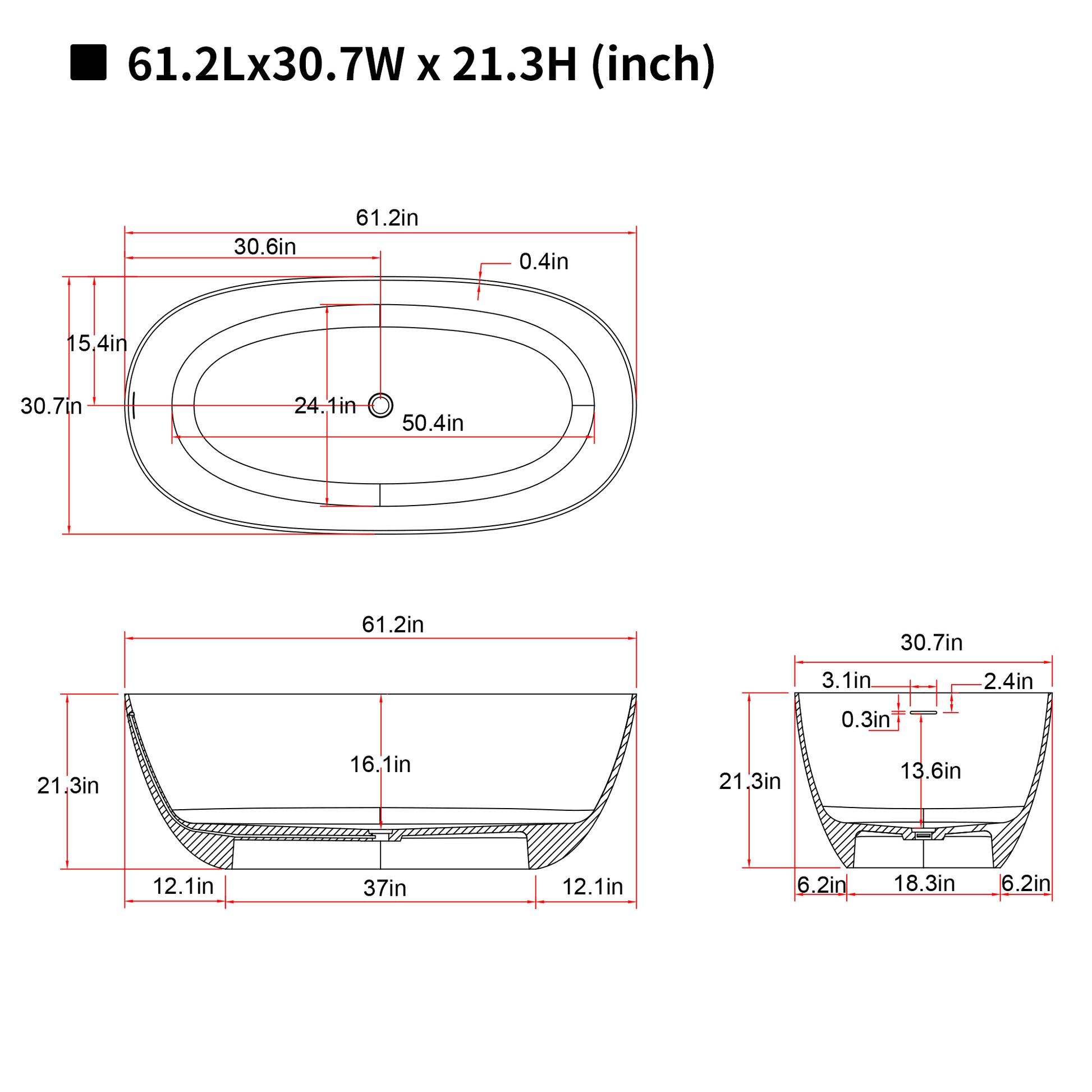 57"/61"/65"/69" Cream Grey Stone Resin Freestanding Soaking Bathtub with One-Side Overflow