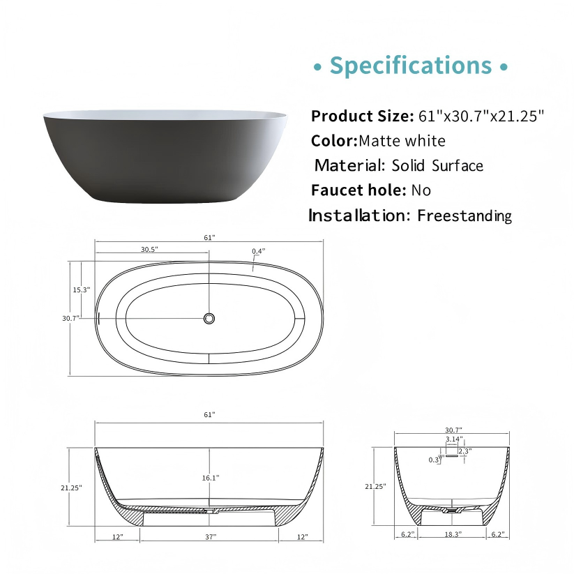 57"/61"/65"/69" Luxury Stone Resin Freestanding Soaking Bathtub with One-Side Overflow