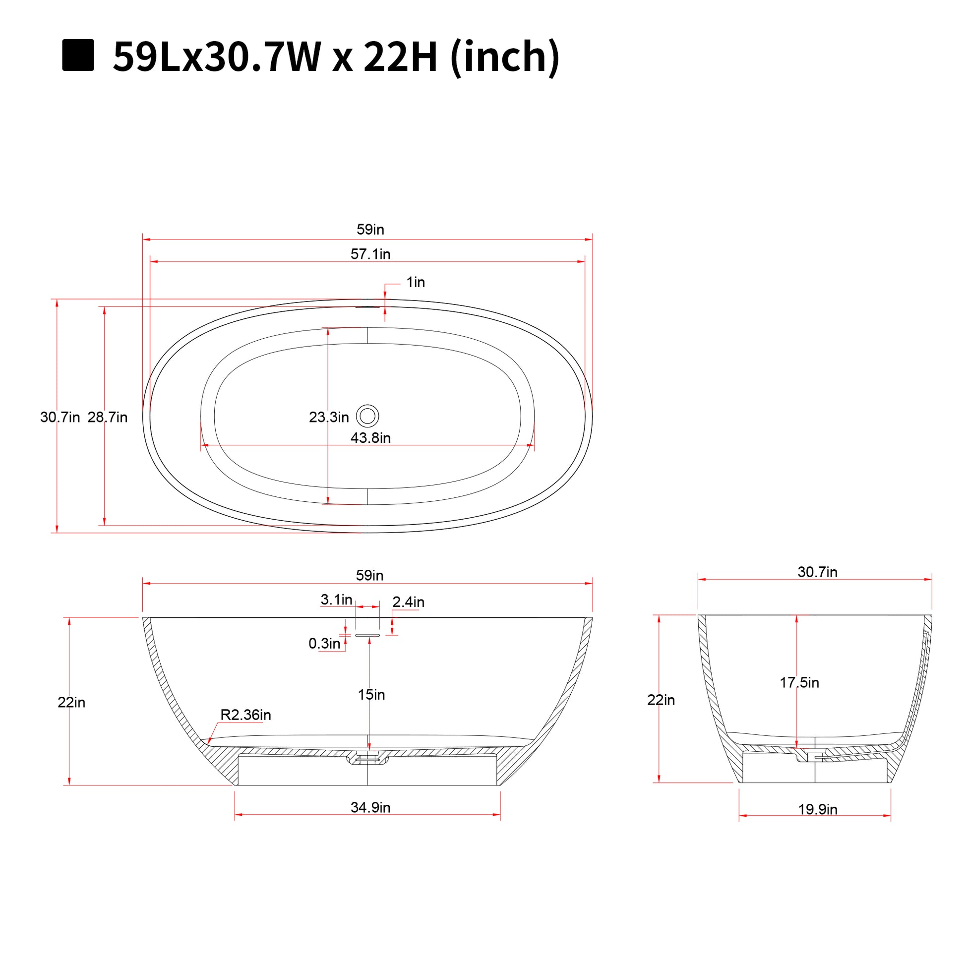 55"/59"/63"/67" Cream Grey Stone Resin Freestanding Soaking Bathtub with Center Overflow and Drain