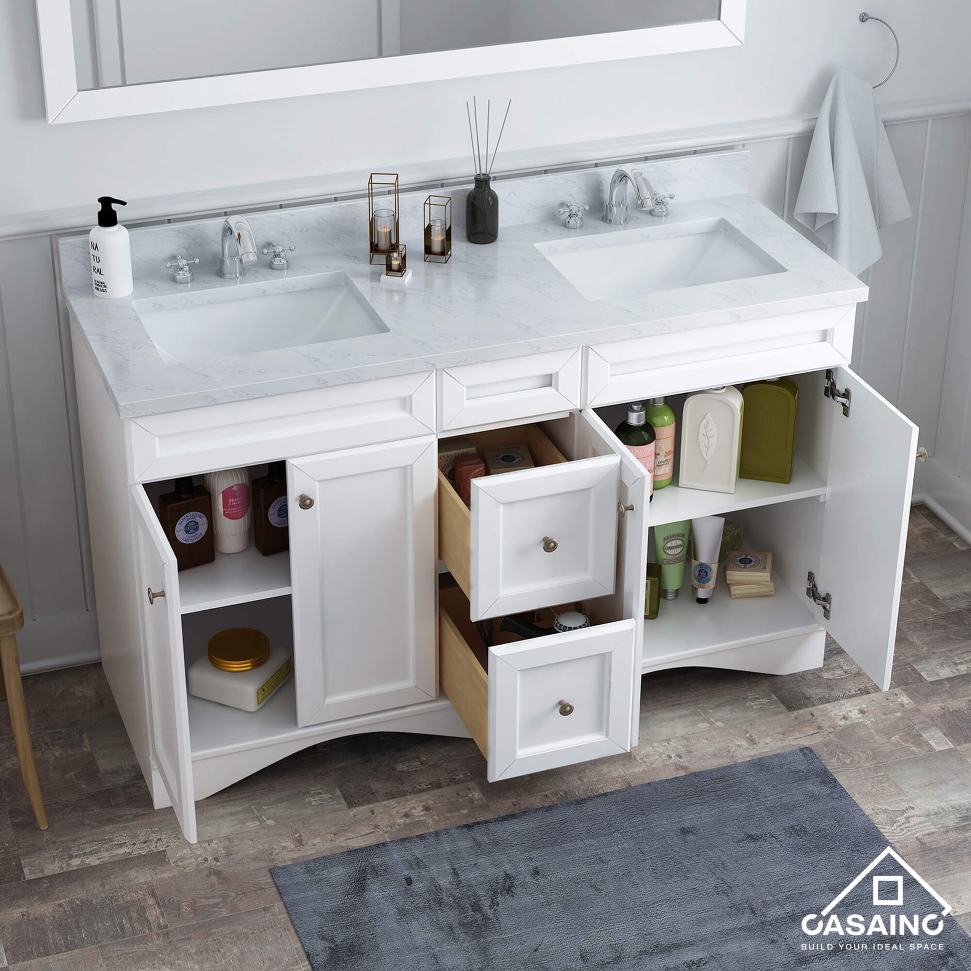 CASAINC 60 x 22 x 35.4 in. Solid Wood Bath Vanity with Marble Top and Backsplash in Gray/White (No/With Mirror)