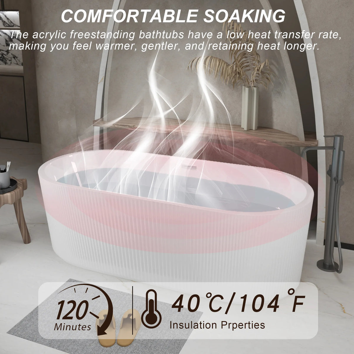 59"/67" Acrylic Freestanding Bathtub with Vertical Fluted Exterior, Gloss Black/White