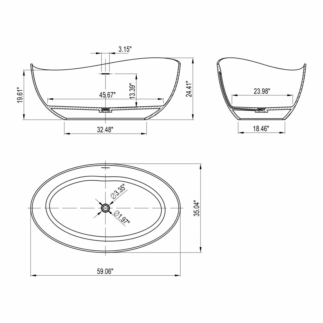 59 Inch Freestanding Solid Surface Soaking Bathtub for Bathroom