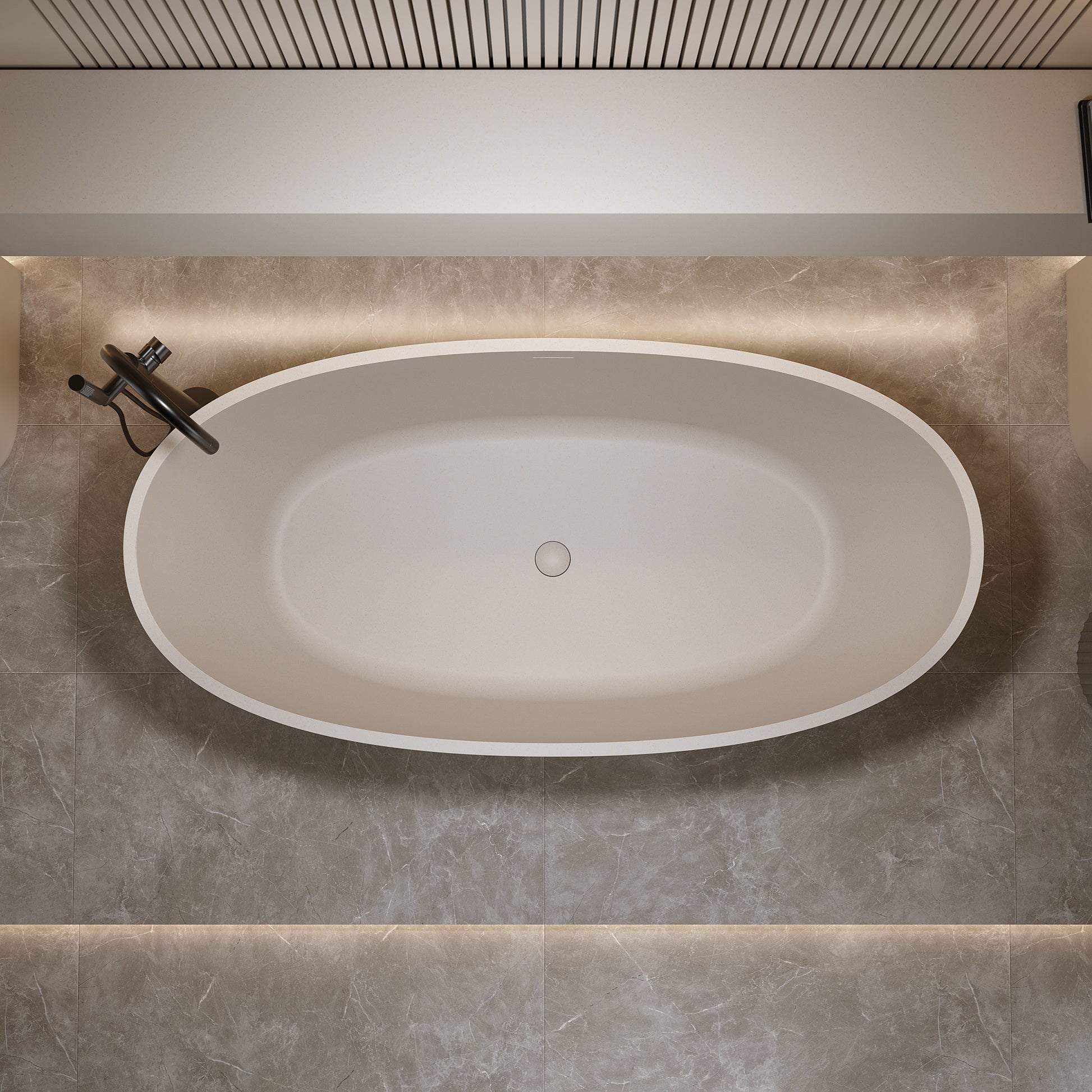 55"/59"/67" Modern Beige Stone Resin Freestanding Soaking Bathtub with Center Overflow and Drain