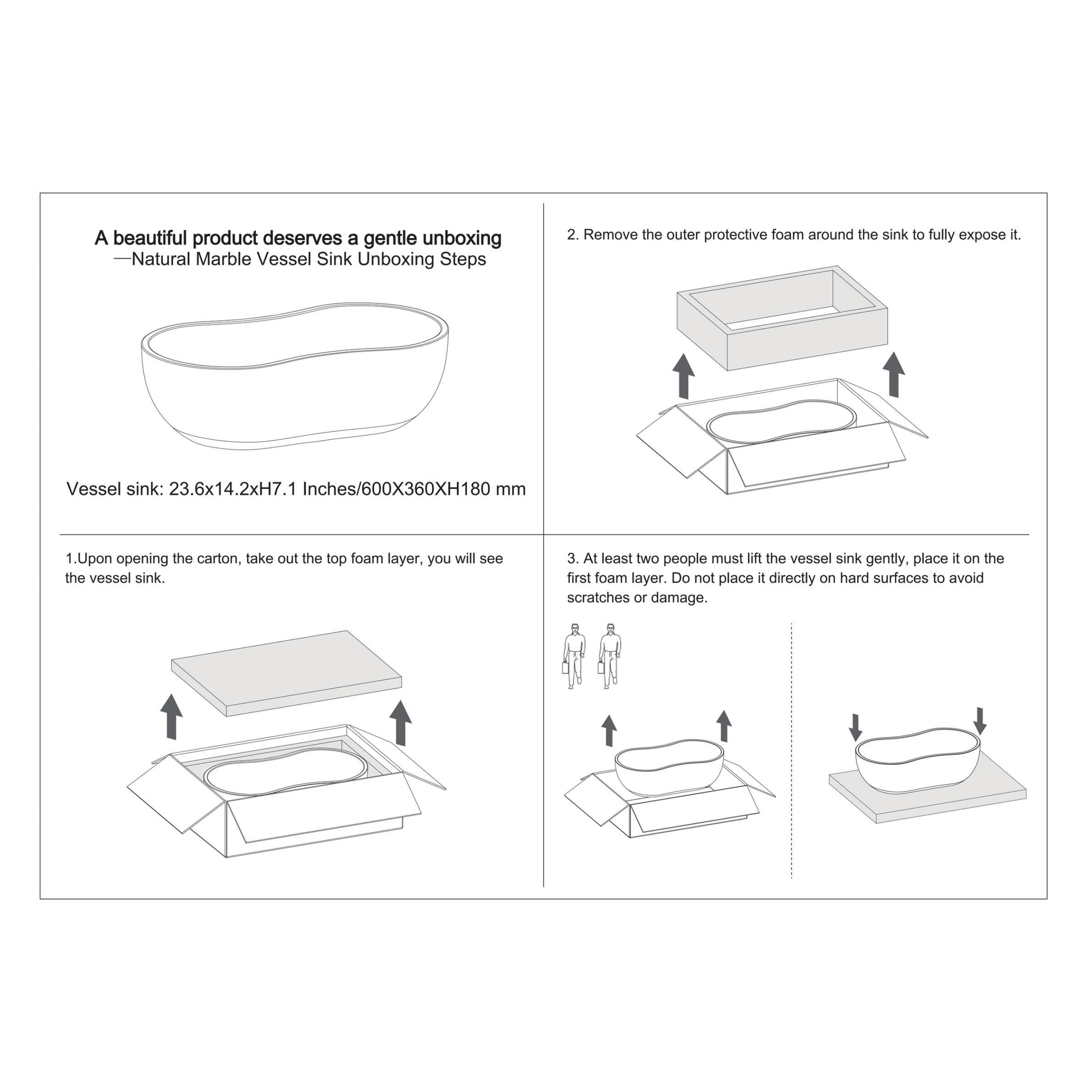 23.6” Genuine Natural Marble Vessel Sink – polished surface in Beige/White/Gray/Green
