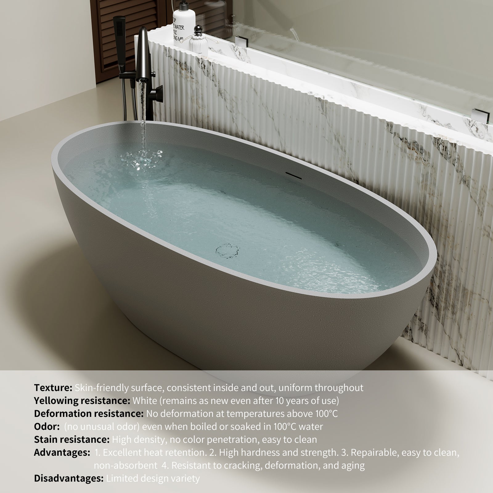 55"/59"/63"/67"/71" Contemporary Grey Stone Resin Soaking Tub with Oval Design and Center Overflow