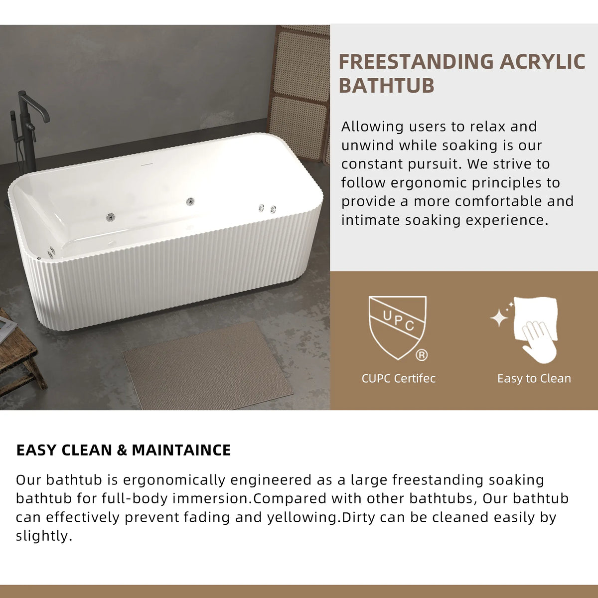 67" Gloss White Acrylic Whirlpool Freestanding Bathtub with 10 Jets and Vertical Fluted Exterior