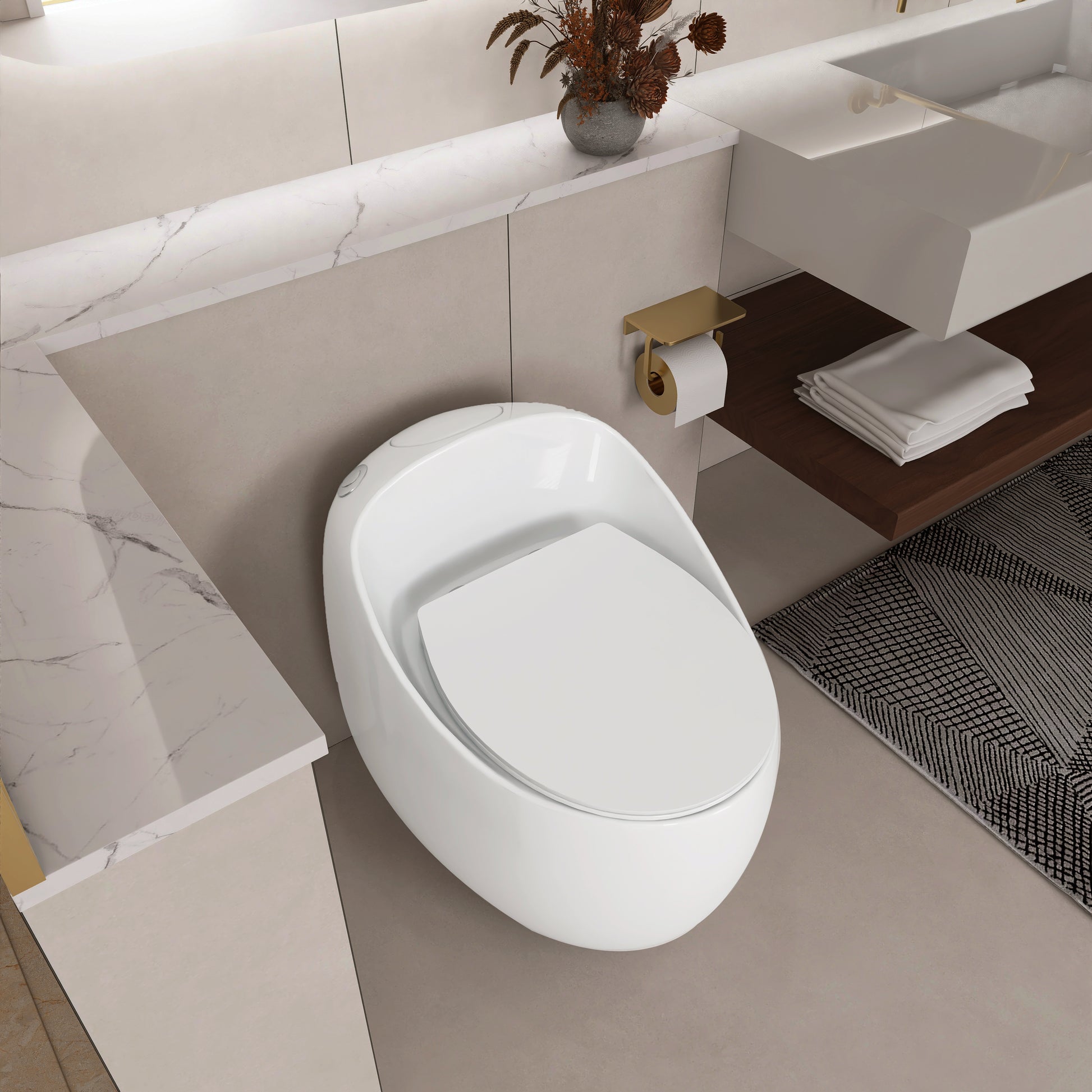 Egg Shape 1-Piece Toilet in Glossy White with 1.28 GPF Single Flush