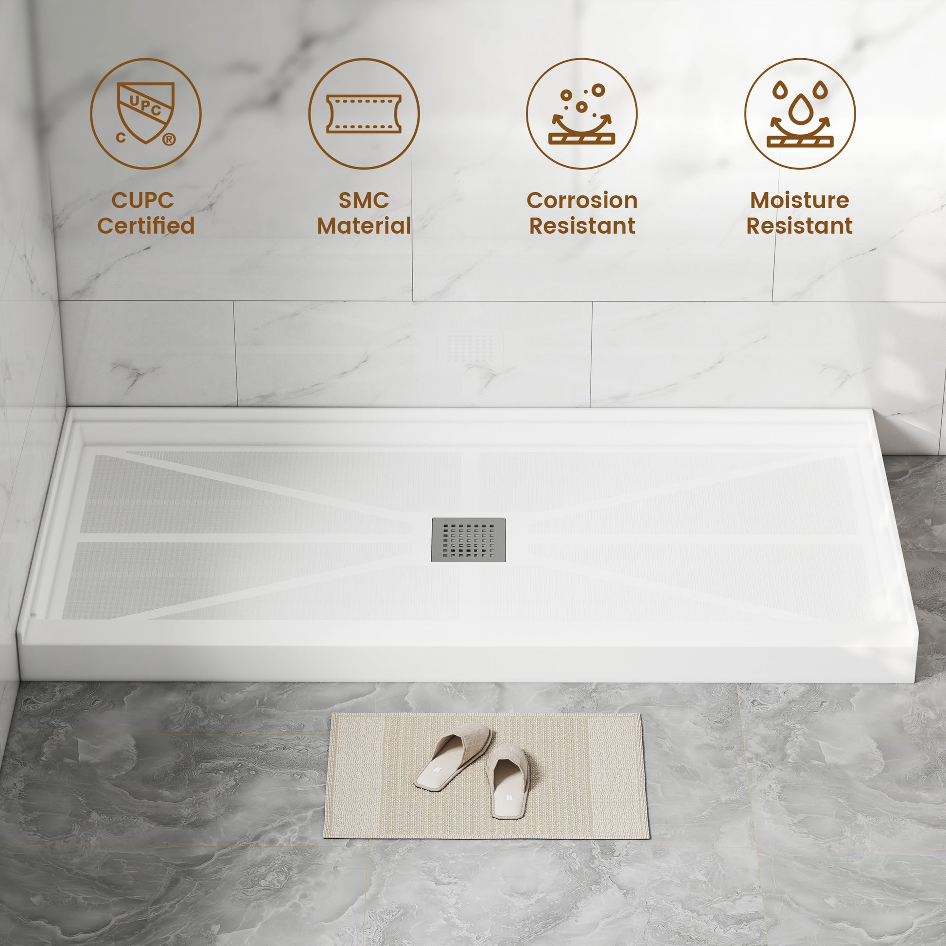 Rectangle SMC White Shower Pan Base with Center Drain