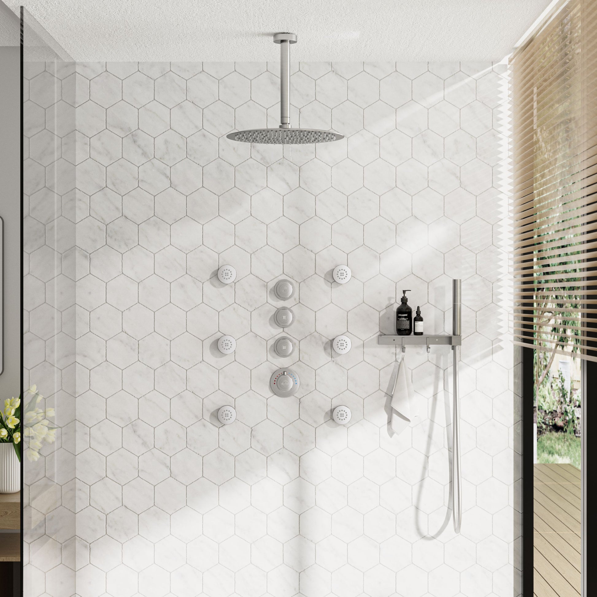 12" Shower System With Shelf, Handheld Shower With Spray Gun Feature