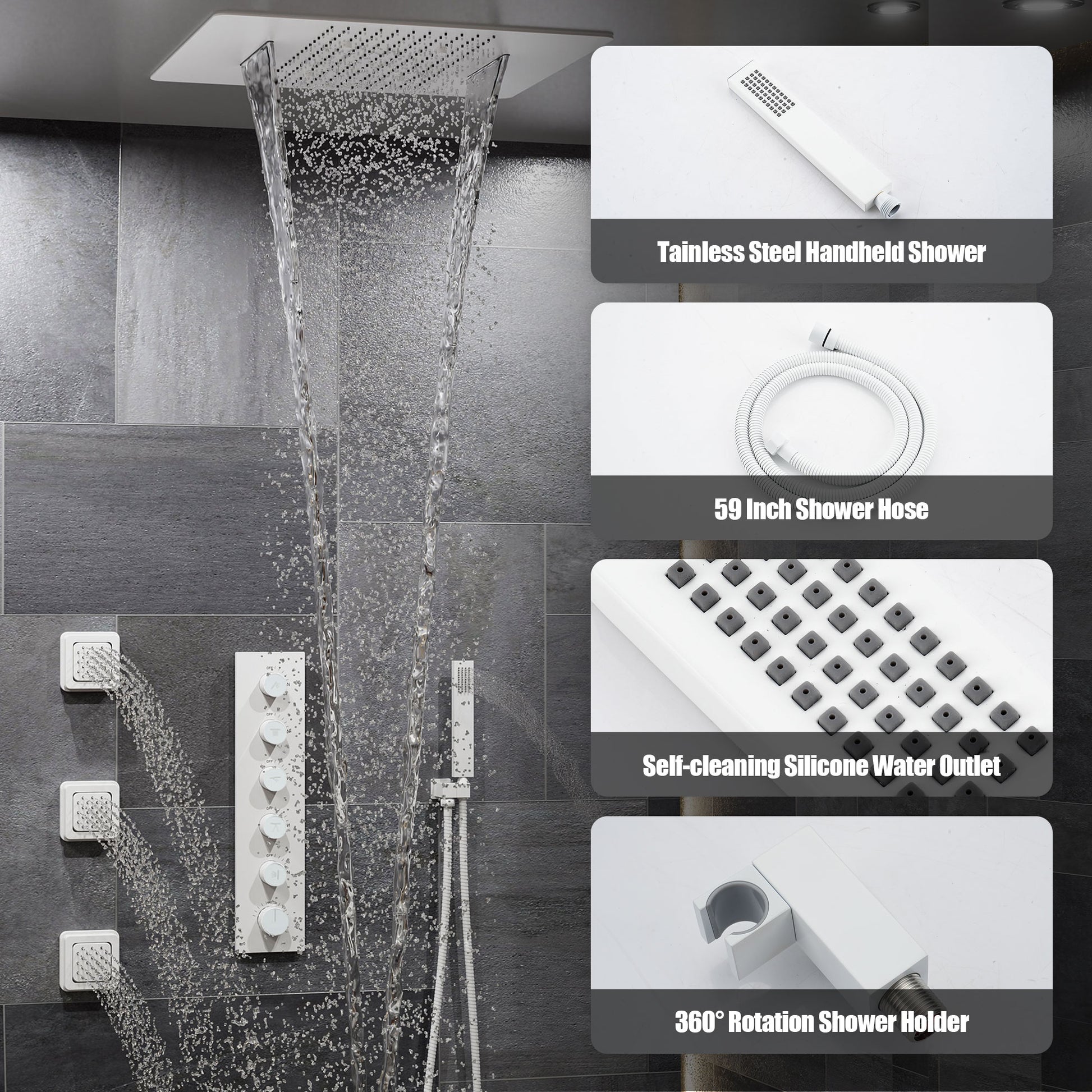 20*24'' Rectangle Shower System With 4 Sprays Modes & 3 Body Jets