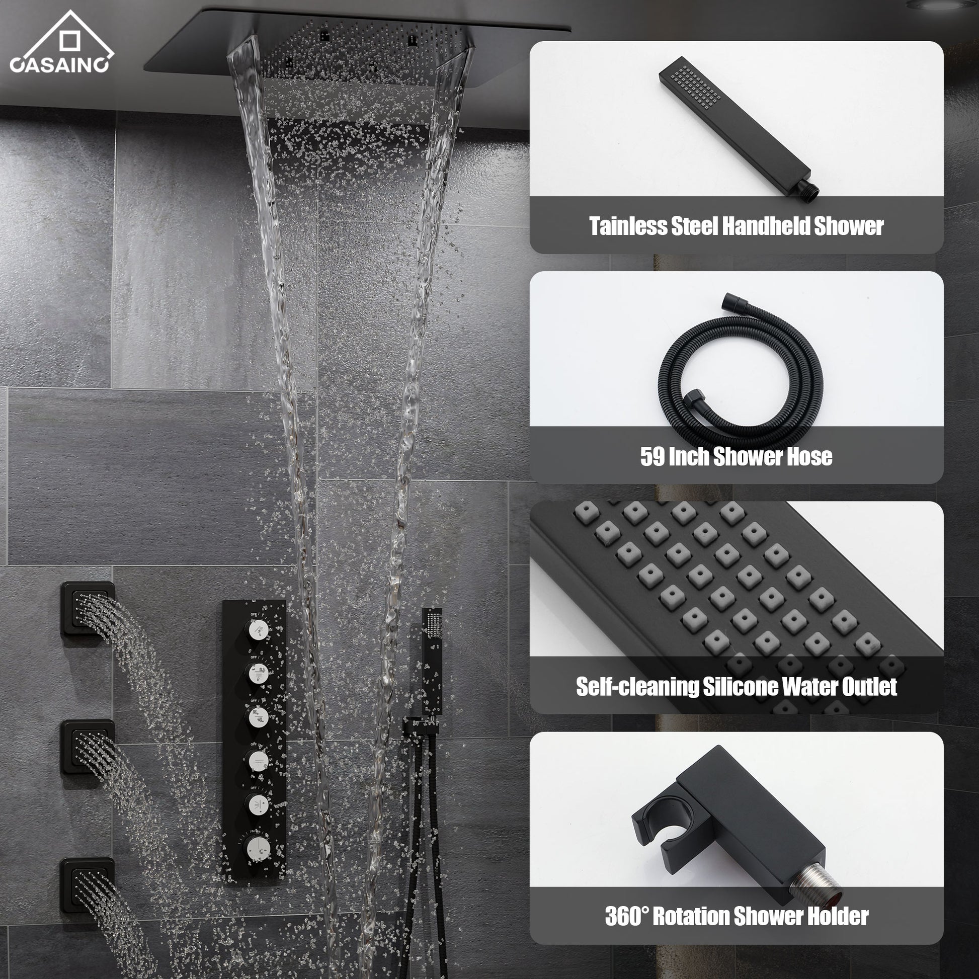 20*24'' Rectangle Shower System With 4 Sprays Modes & 3 Body Jets