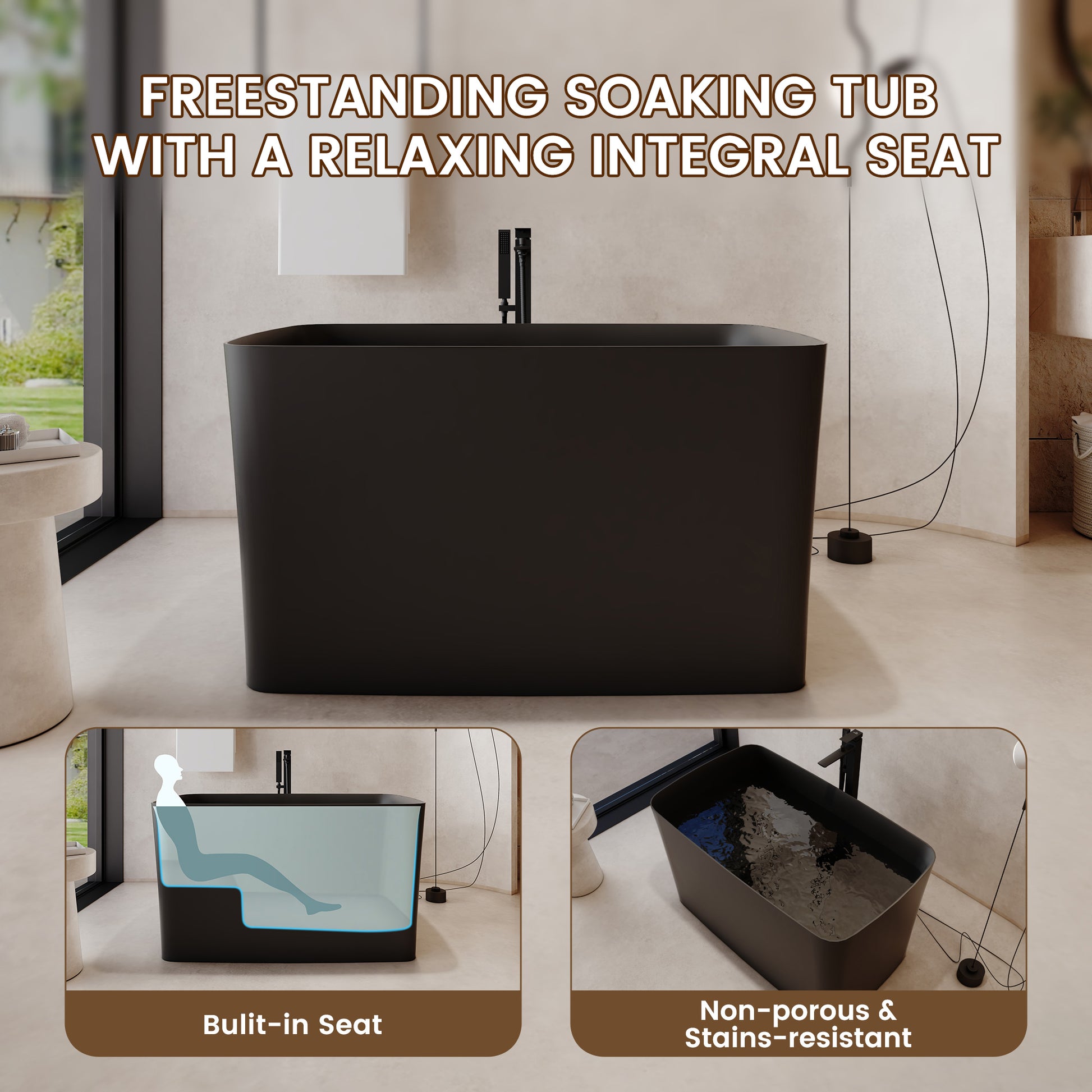 47" Compact Solid Surface Freestanding Bathtub with Mini-Seat Design
