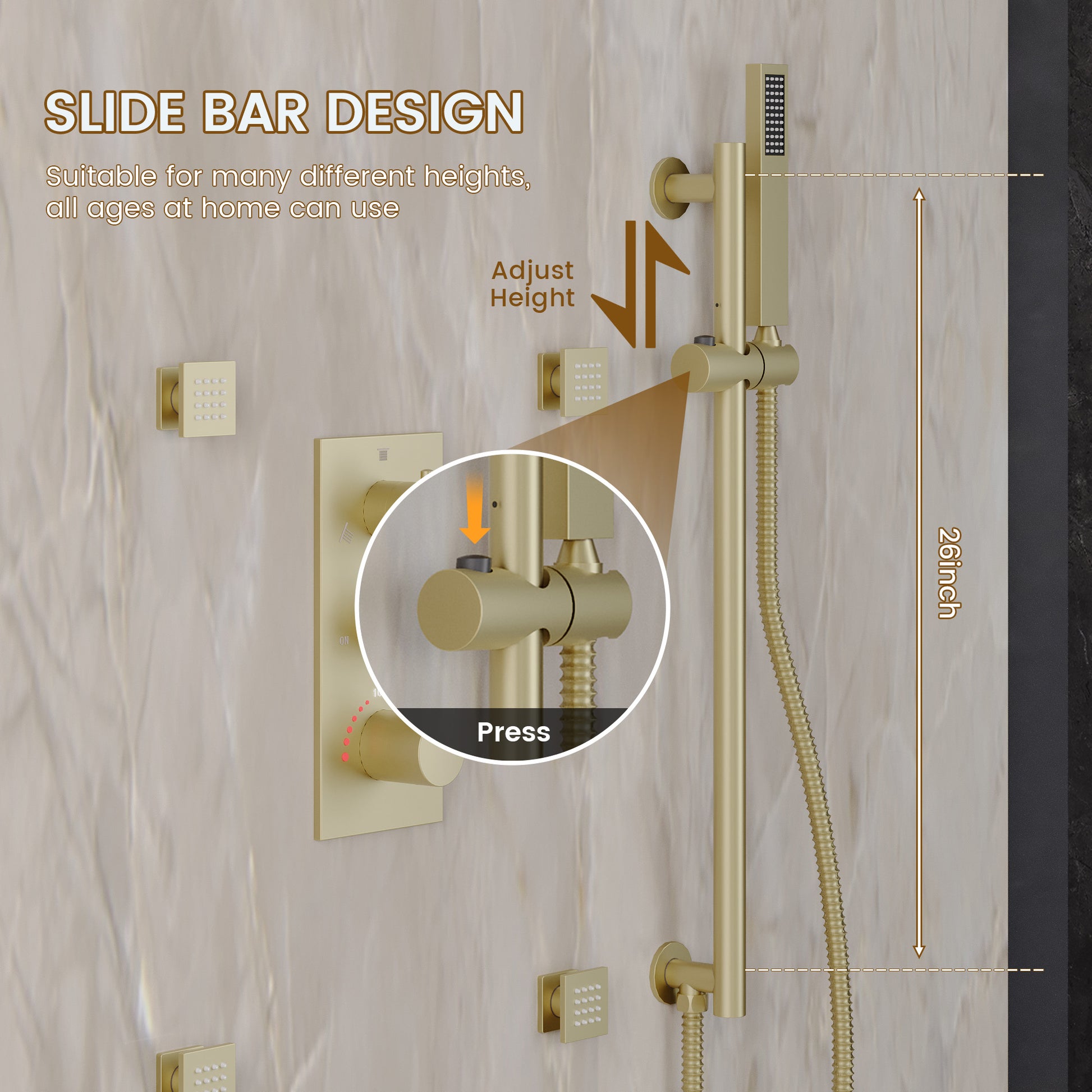 12-inch 3-Function Thermostatic Rain Shower System with Body Jets & Slide Bar