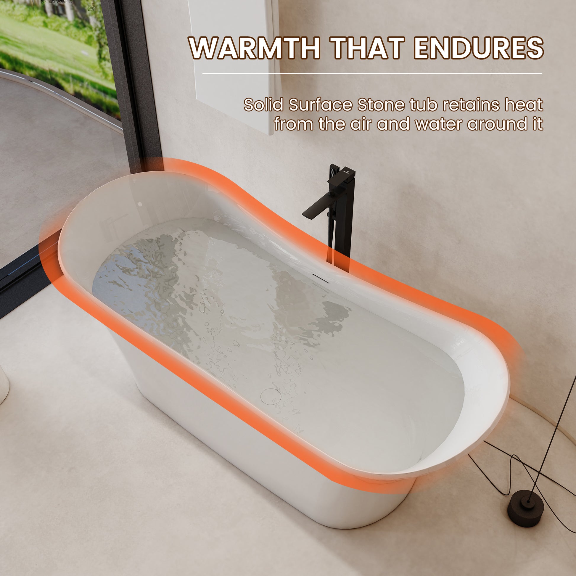 69" Freestanding Solid Surface Bathtub with Dual Sloped Headrests