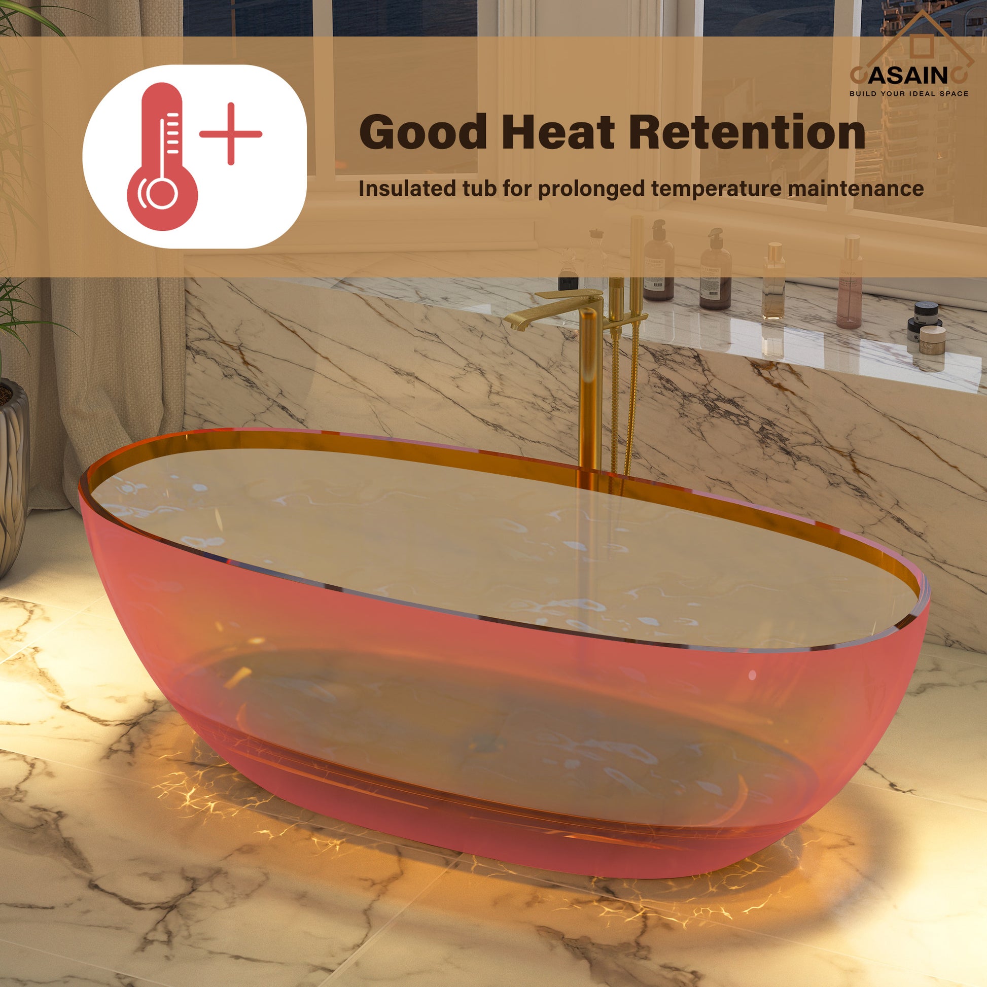 59"/67" Pure Resin Freestanding Transparent Bathtub with Center Drain