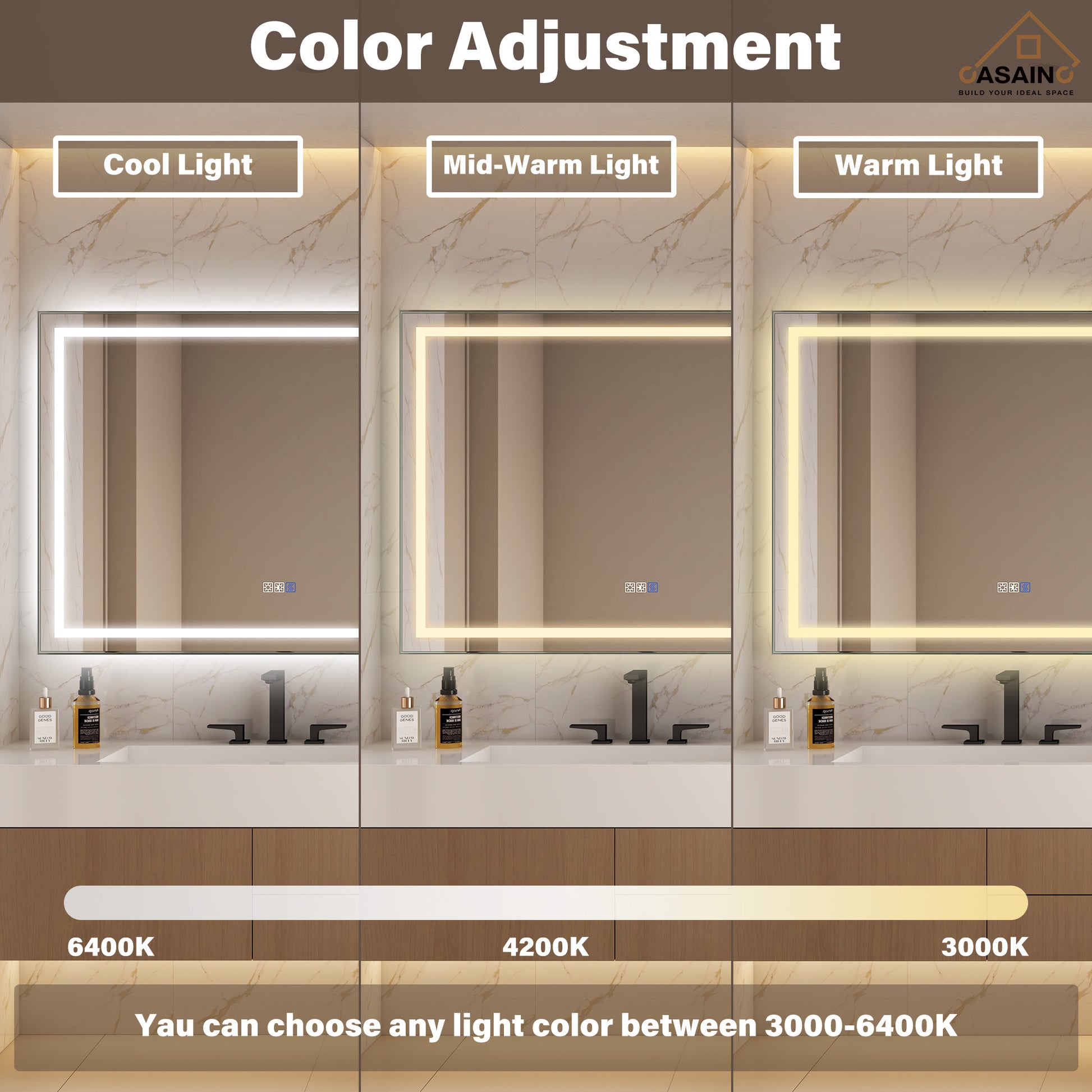 Frameless Rectangular LED Bathroom Mirror with Anti-Fog, Shatter-Proof