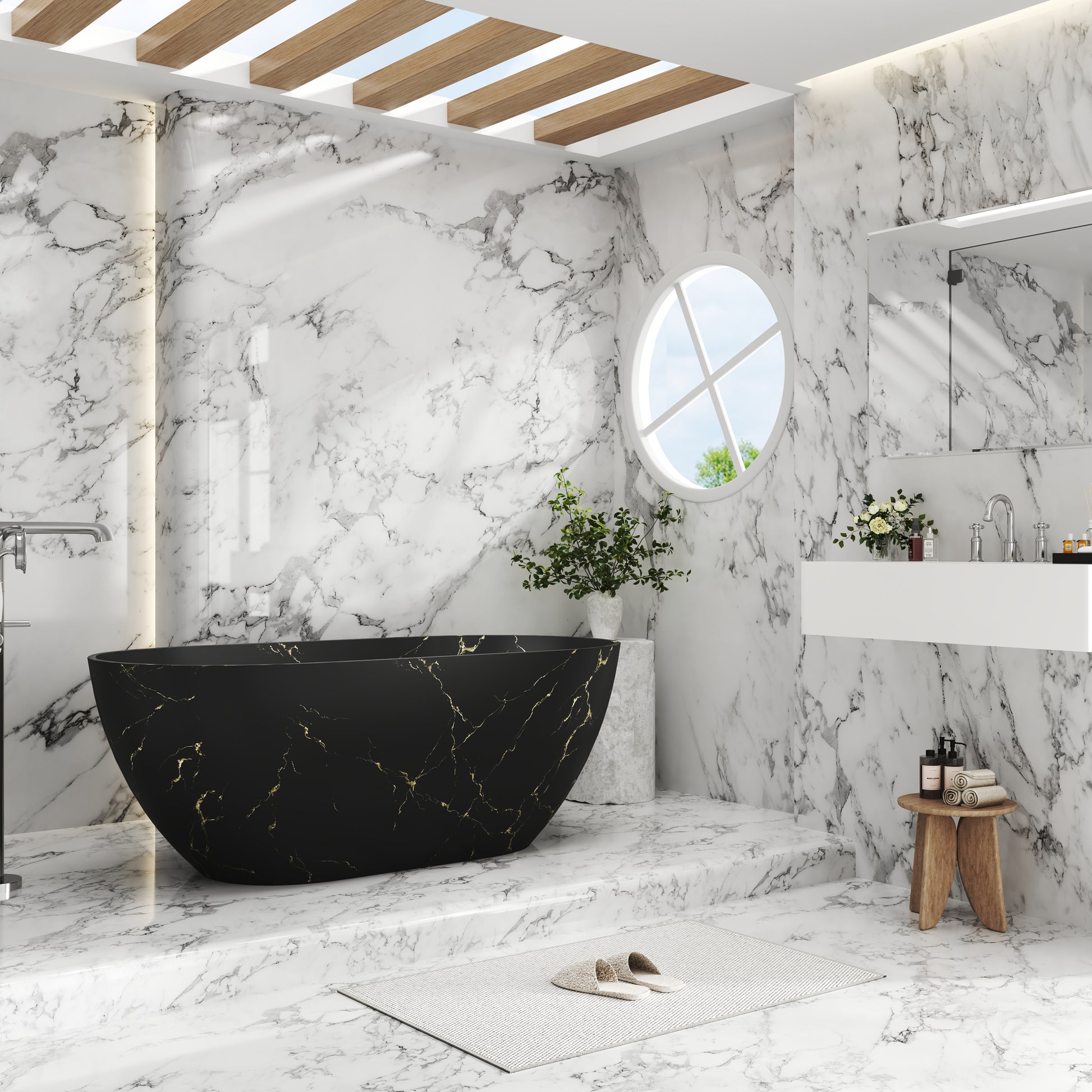 59" Oval Solid Surface Freestanding Bathtub with Black & Gold Star River Pattern