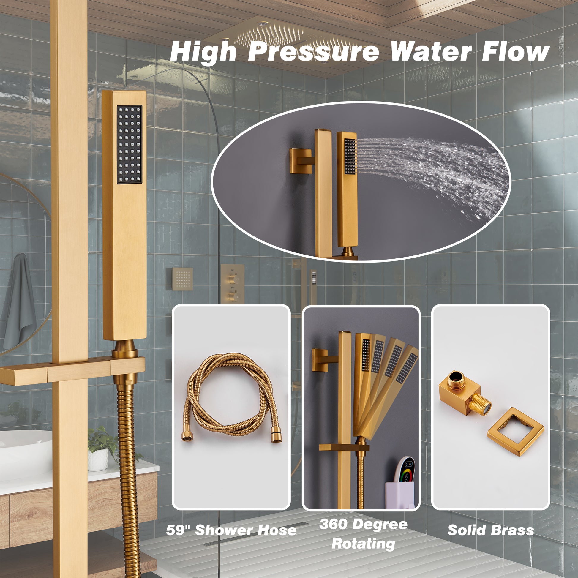 27.6" x 15.7" Luxury Thermostatic Shower System with LED Rainfall & Waterfall