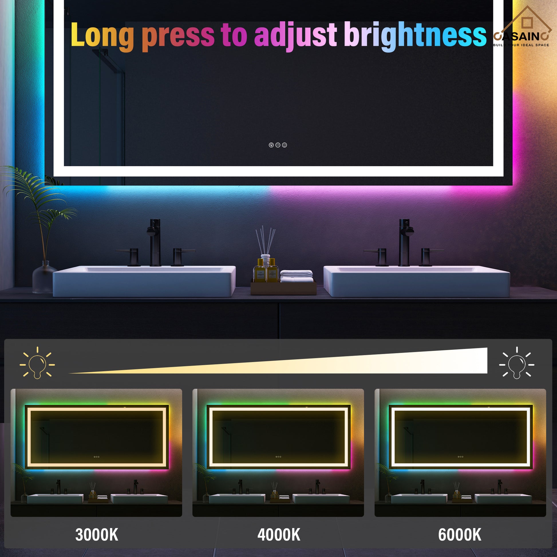 Tempered RGB LED Bathroom Mirror with Smart Controls & Anti-Fog