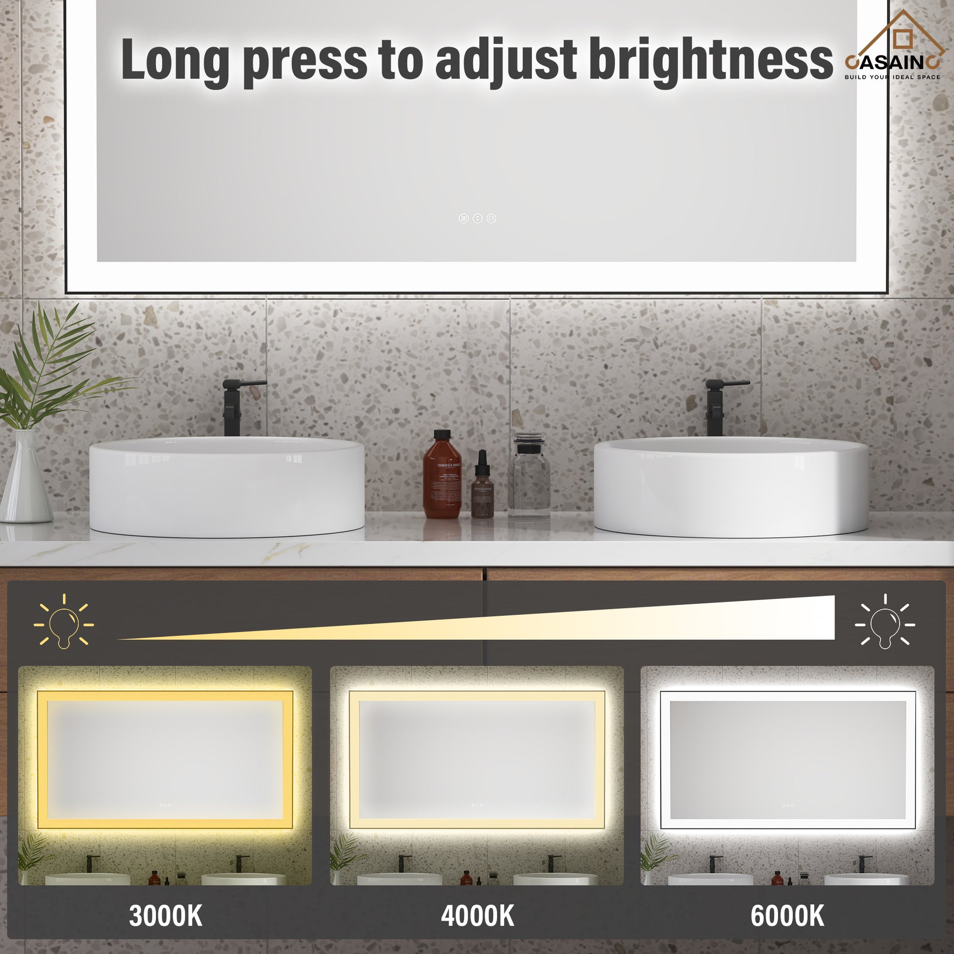 Tempered Glass LED Mirror with Aluminum Frame for Bathroom Vanity