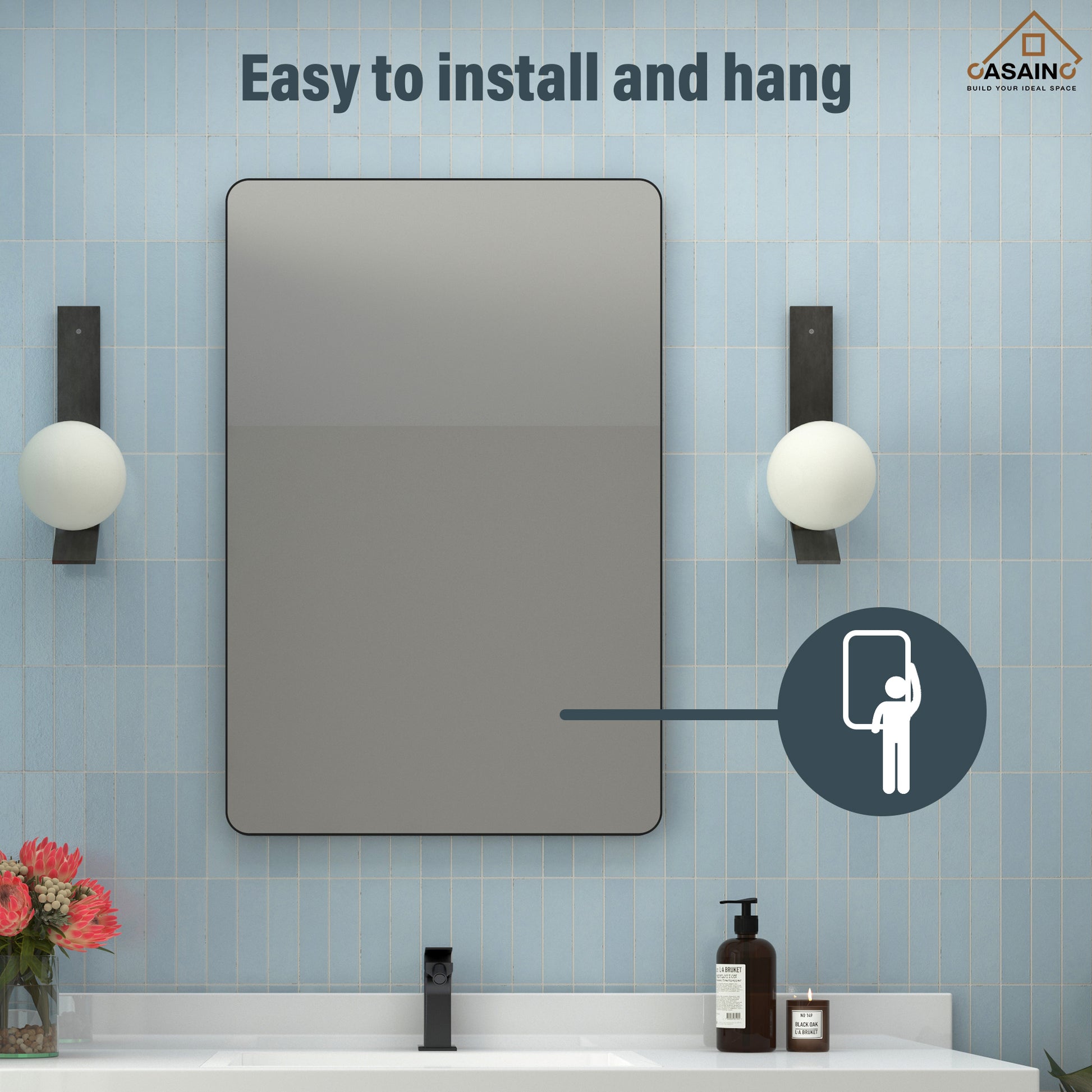 Wall-Mounted Vanity Mirror with Matte Black Metal Frame