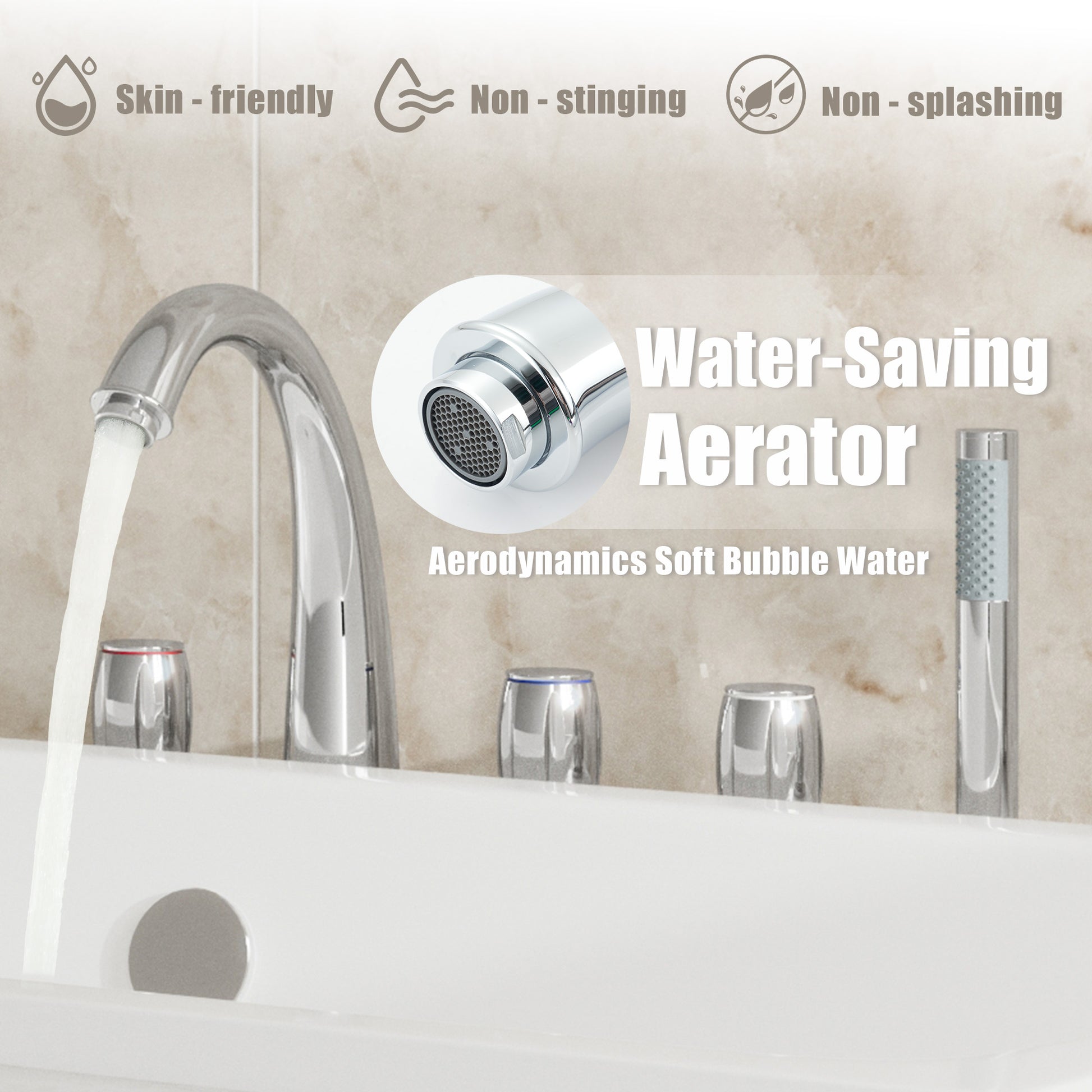 3-Handle Deck-Mounted Waterfall Roman Tub Faucet with Hand Shower