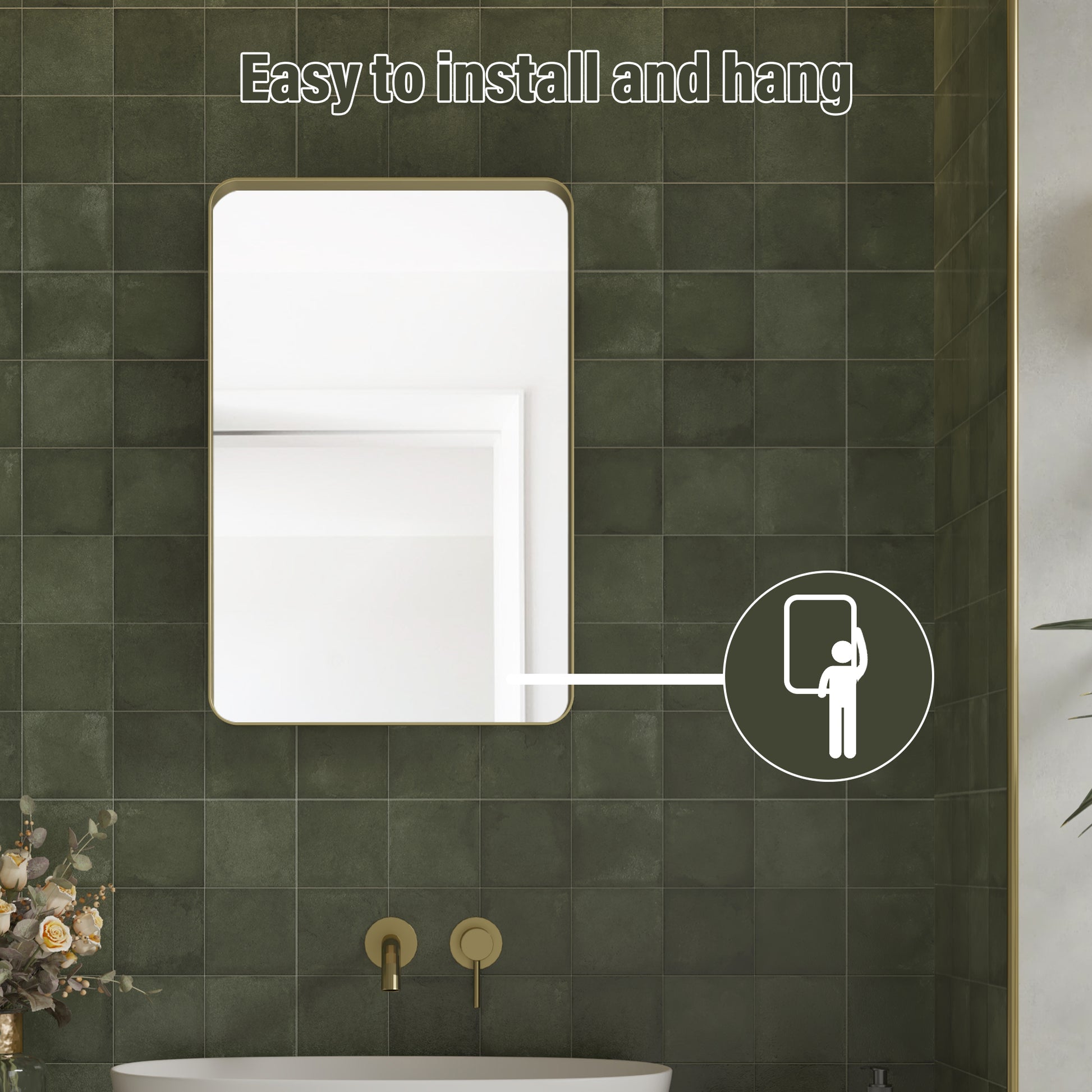 Tempered Glass Wall-Mounted Mirror with Gold Metal Frame