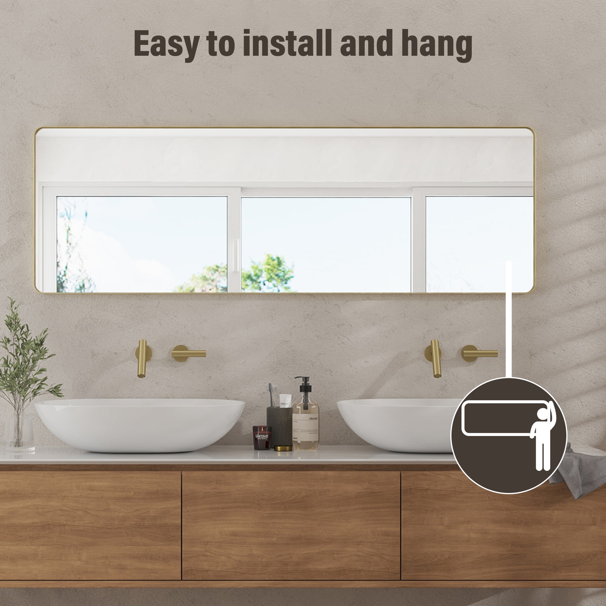 Tempered Glass Wall-Mounted Mirror with Gold Metal Frame