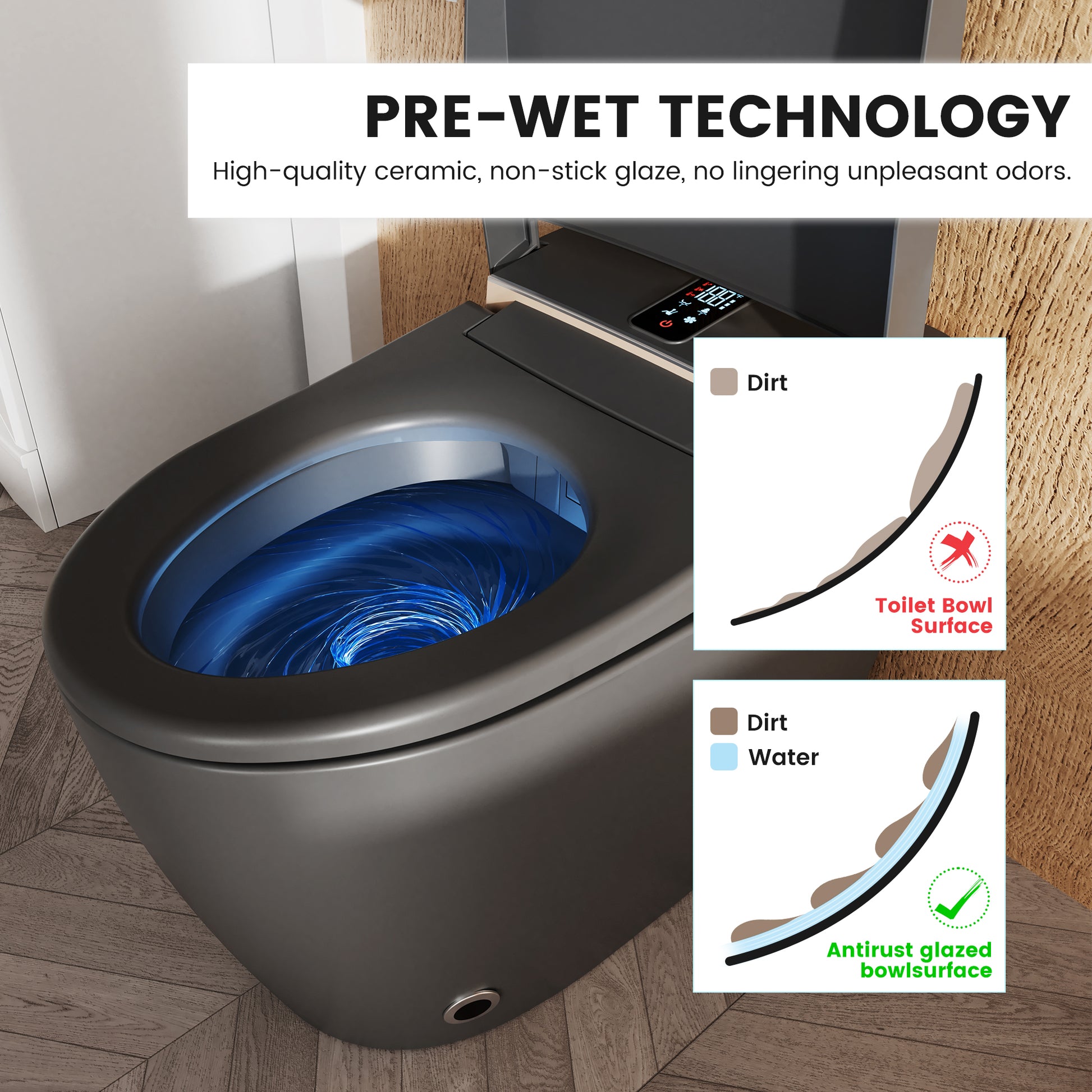 Luxe Smart Bidet Toilet with Built-in Deodorizer and LED Display, White, Black & Grey