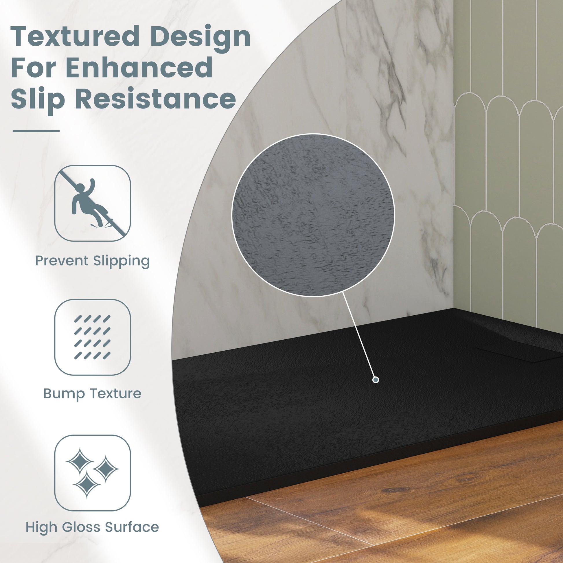 European-Style SMC Shower Base with Sleek Marble Texture in Black & White