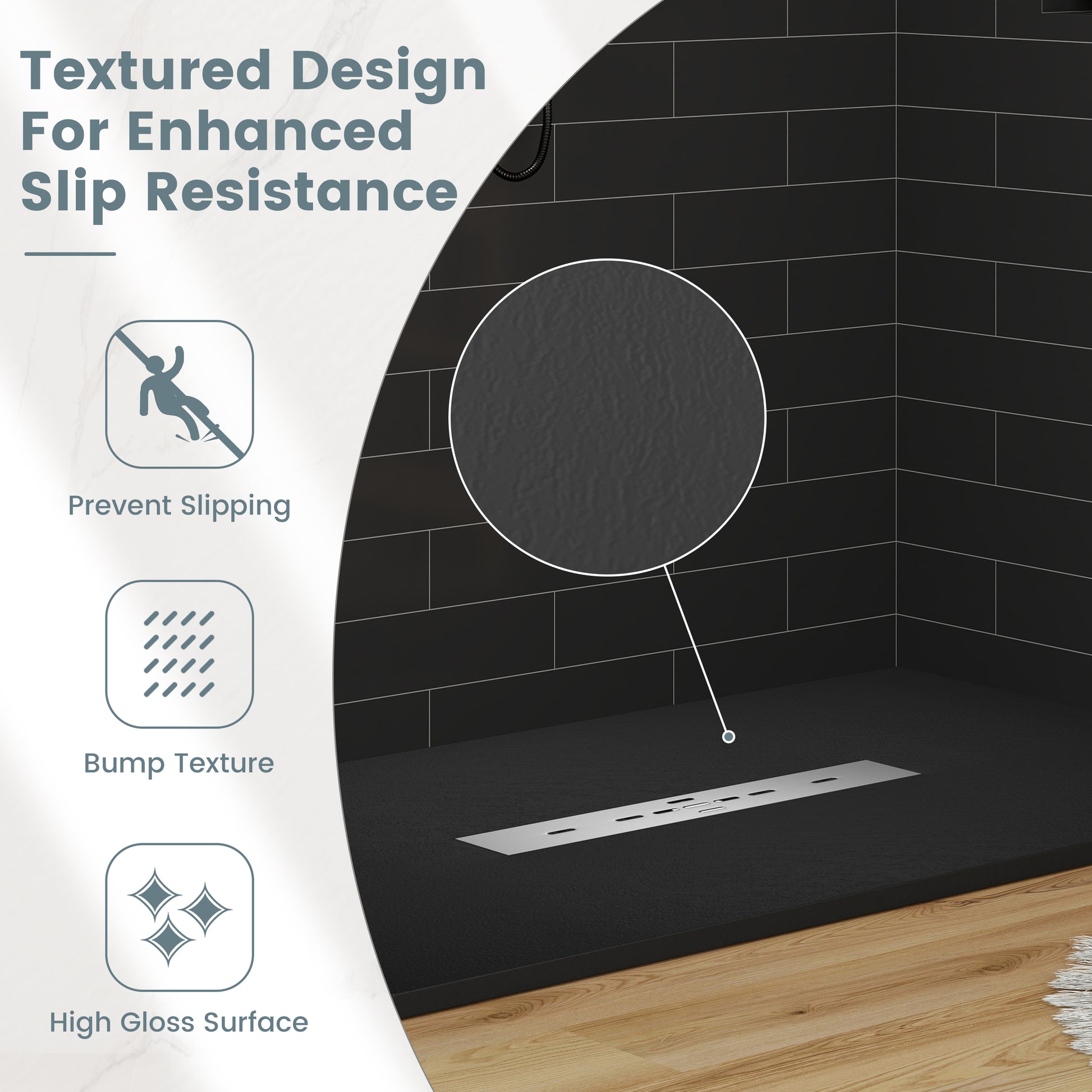 Durable SMC Composite Shower Base Pan with Center Drain in Black & White