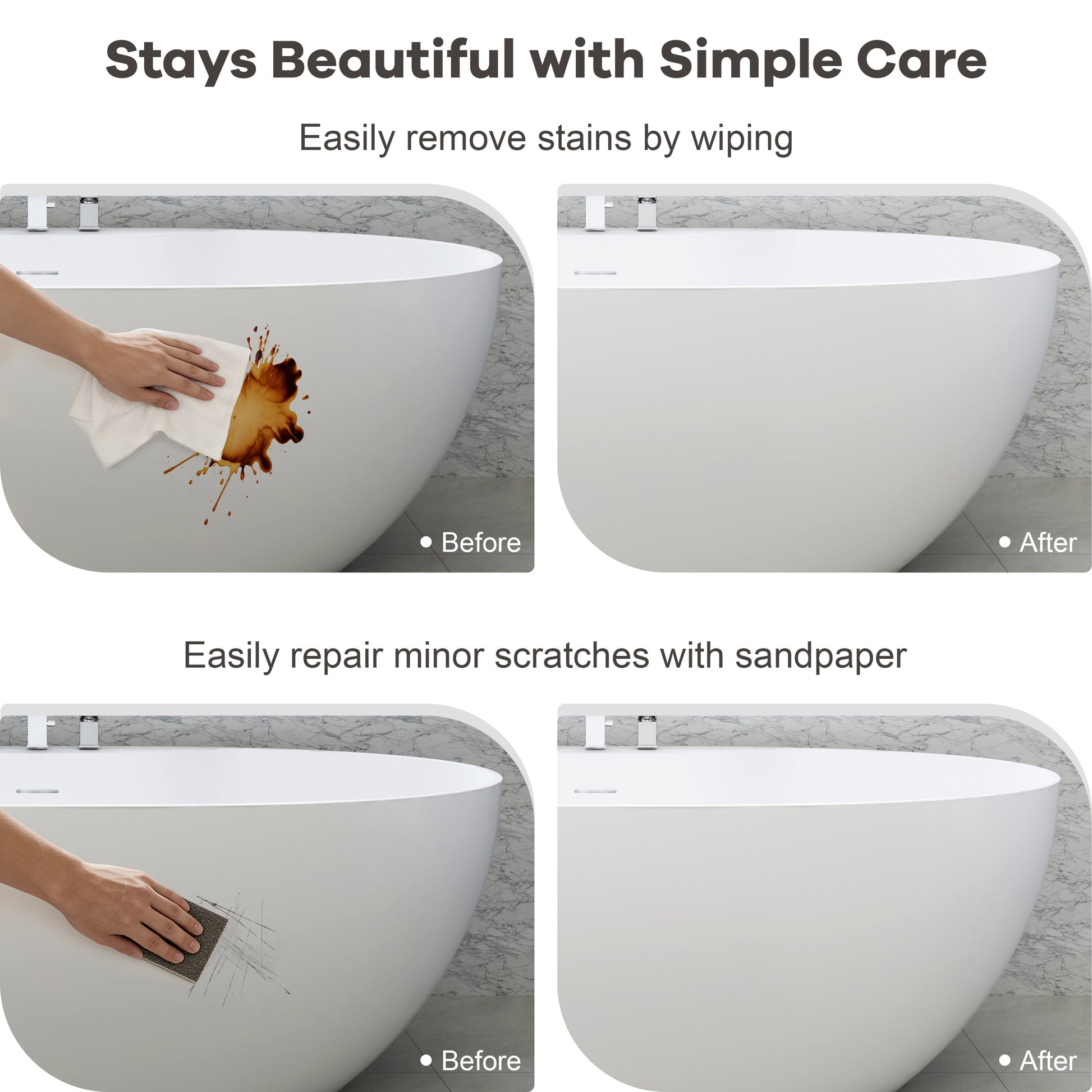 63" Matte White Solid Surface Freestanding Soaking Bathtub with Deck-Mount Faucet Set