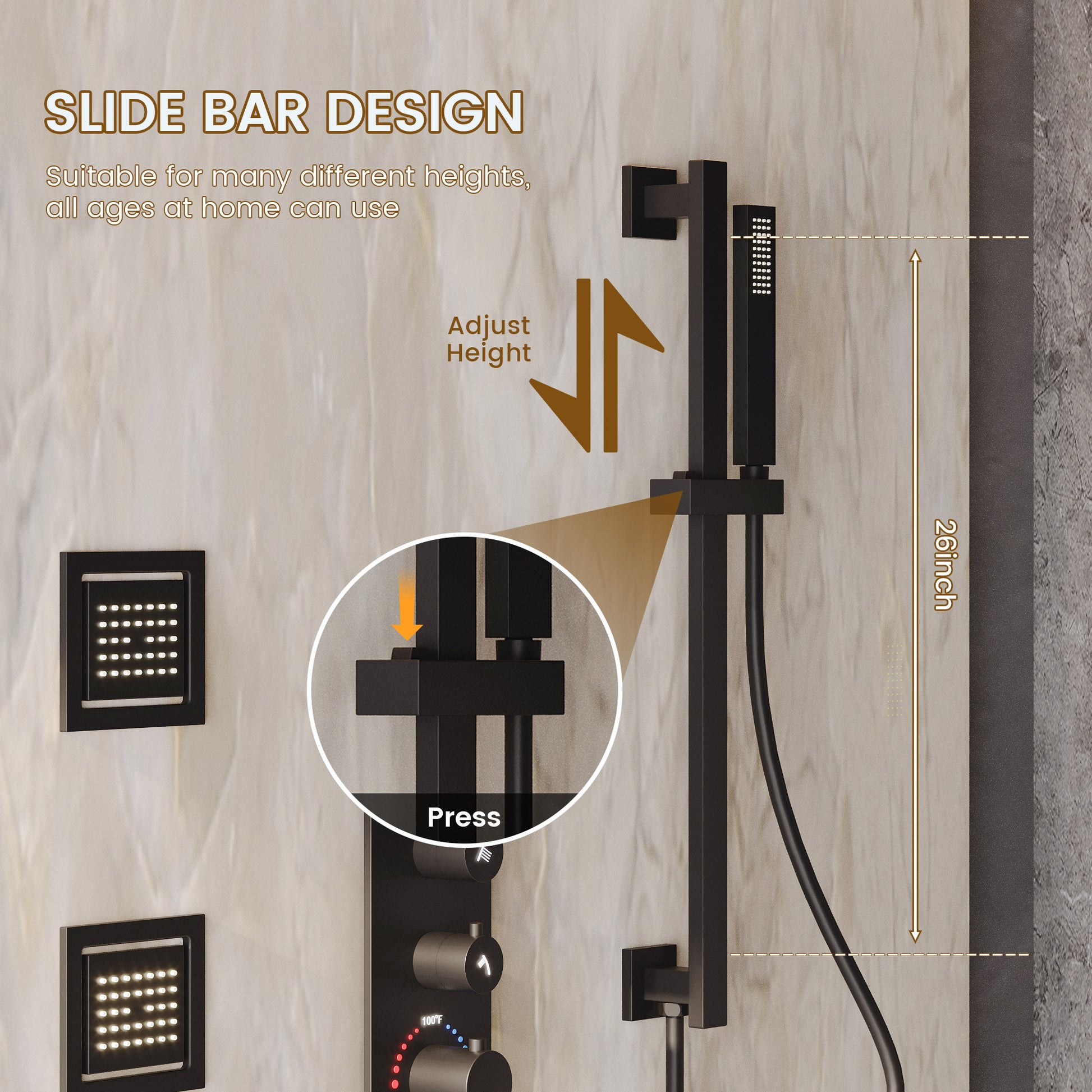 32*16 inch 3-Function Thermostatic Shower System with Body Jets