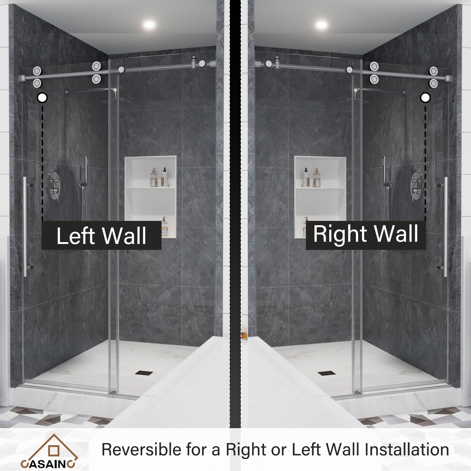 48"x76" Frameless Single Sliding Shower Door in Matte Black/Brushed Nickel/Chrome, Reversible Installation