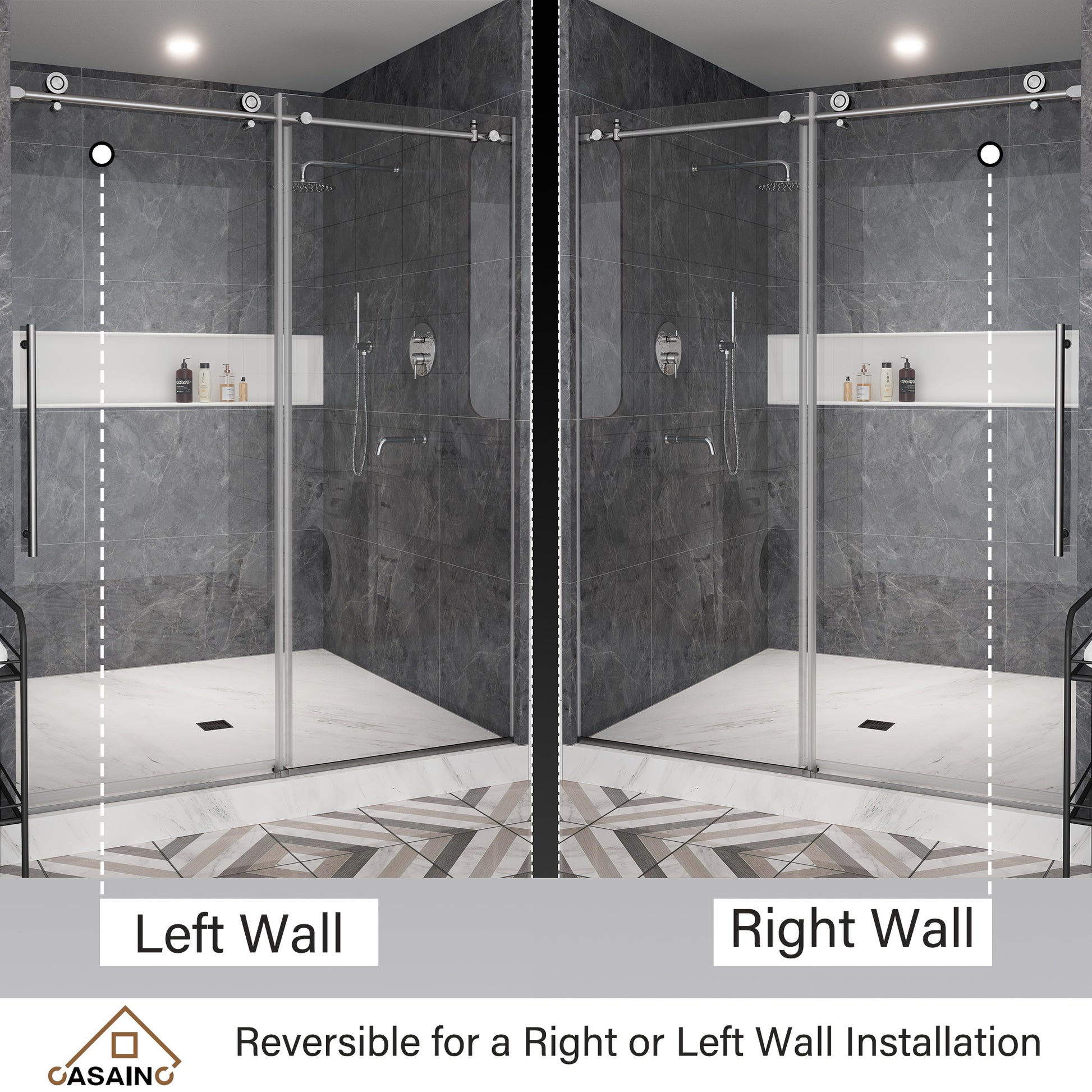 60"x76" Single Sliding Frameless Shower Door in Matte Black/Brushed Nickel/Chrome, Stainless Steel Wheels featuring an Anti-Skid Design