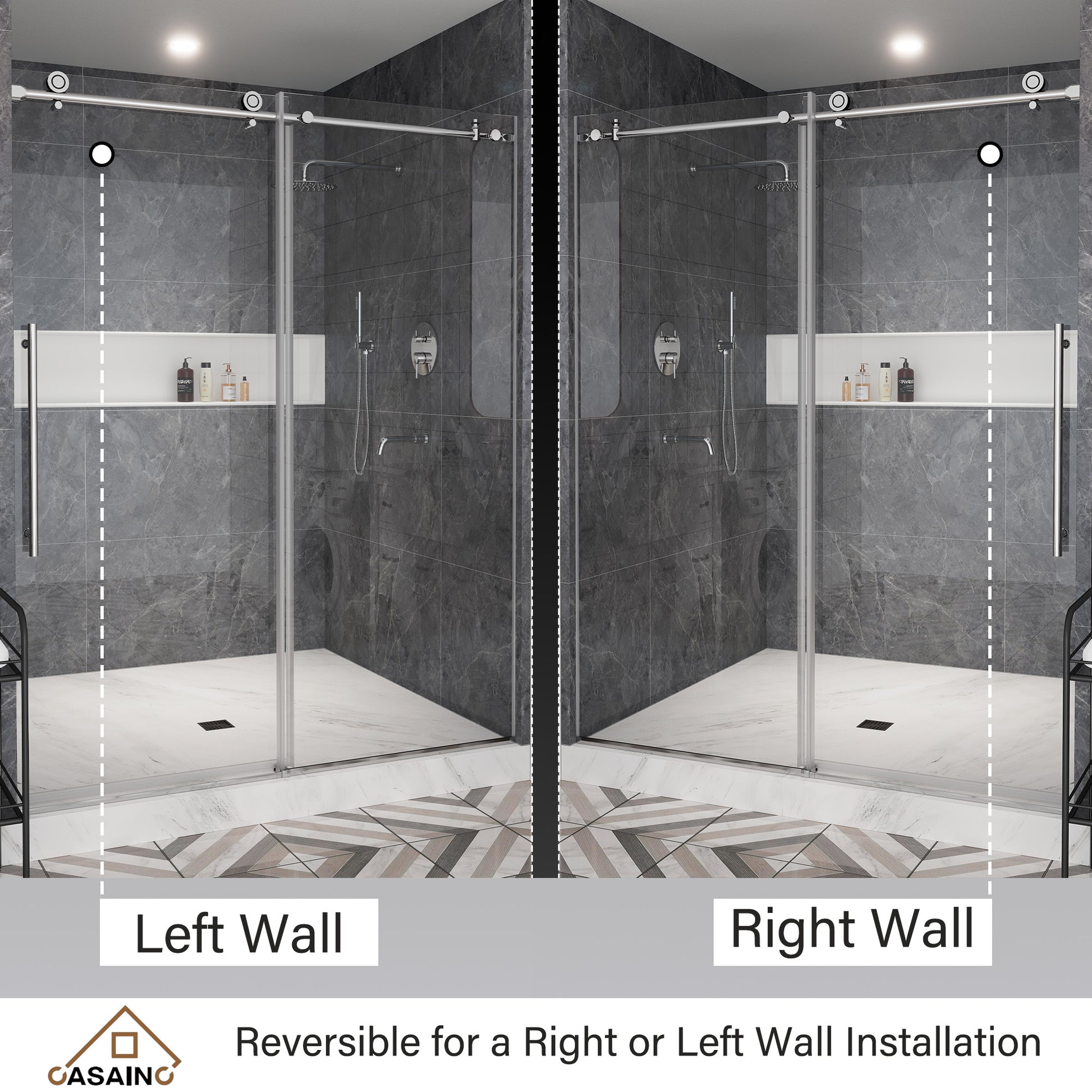 60"x76" Single Sliding Frameless Shower Door in Matte Black/Brushed Nickel/Chrome, Stainless Steel Wheels featuring an Anti-Skid Design