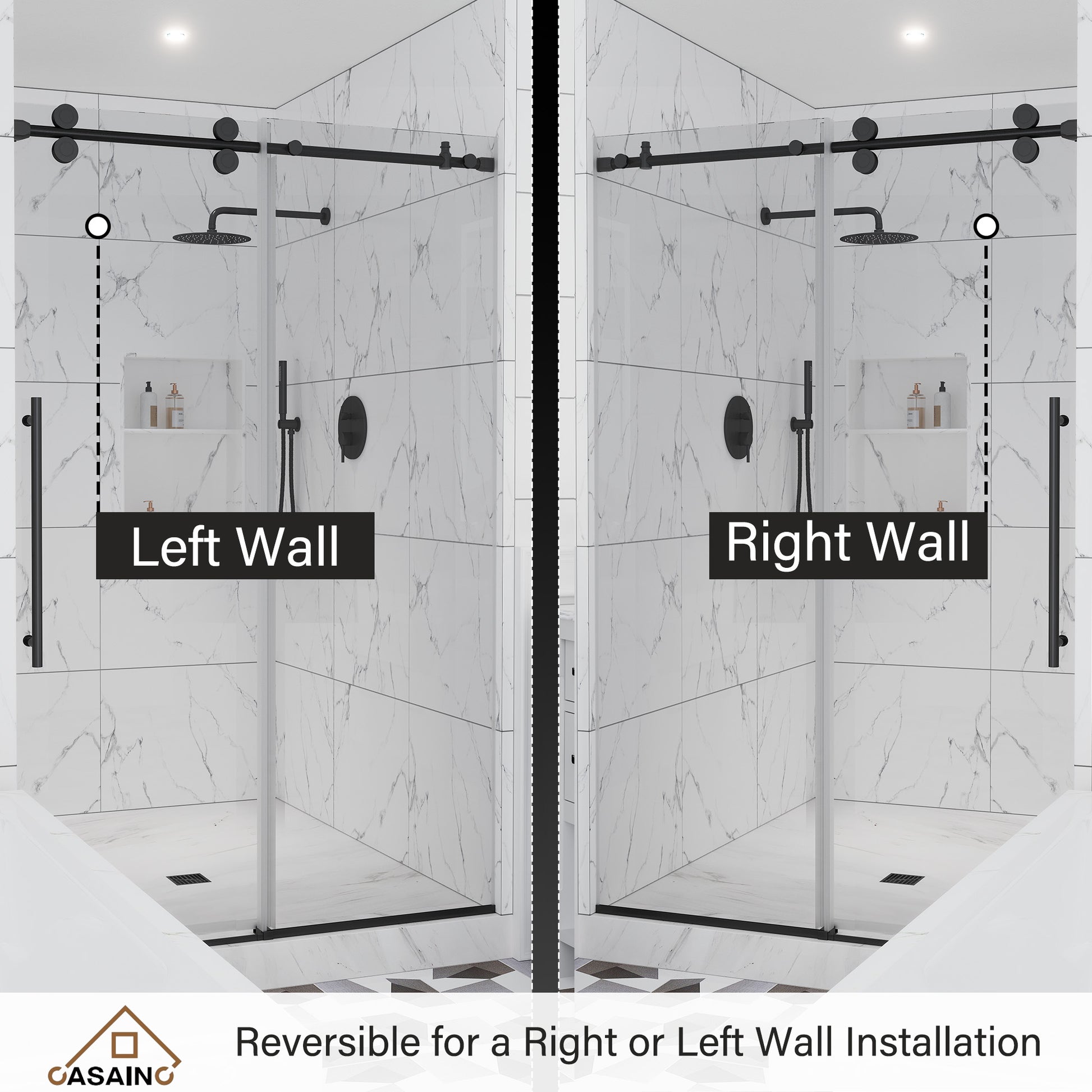 48"x76" Frameless Single Sliding Shower Door in Matte Black/Brushed Nickel/Chrome, Reversible Installation