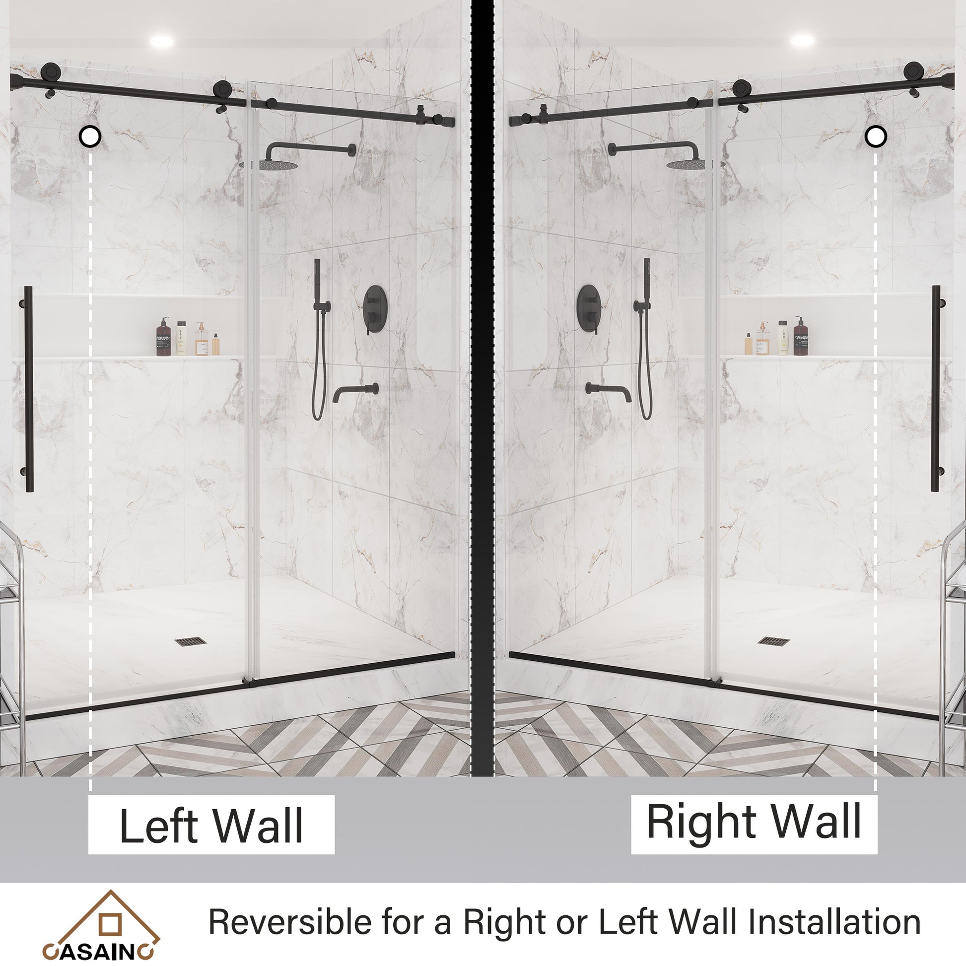 60"x76" Single Sliding Frameless Shower Door in Matte Black/Brushed Nickel/Chrome, Stainless Steel Wheels featuring an Anti-Skid Design