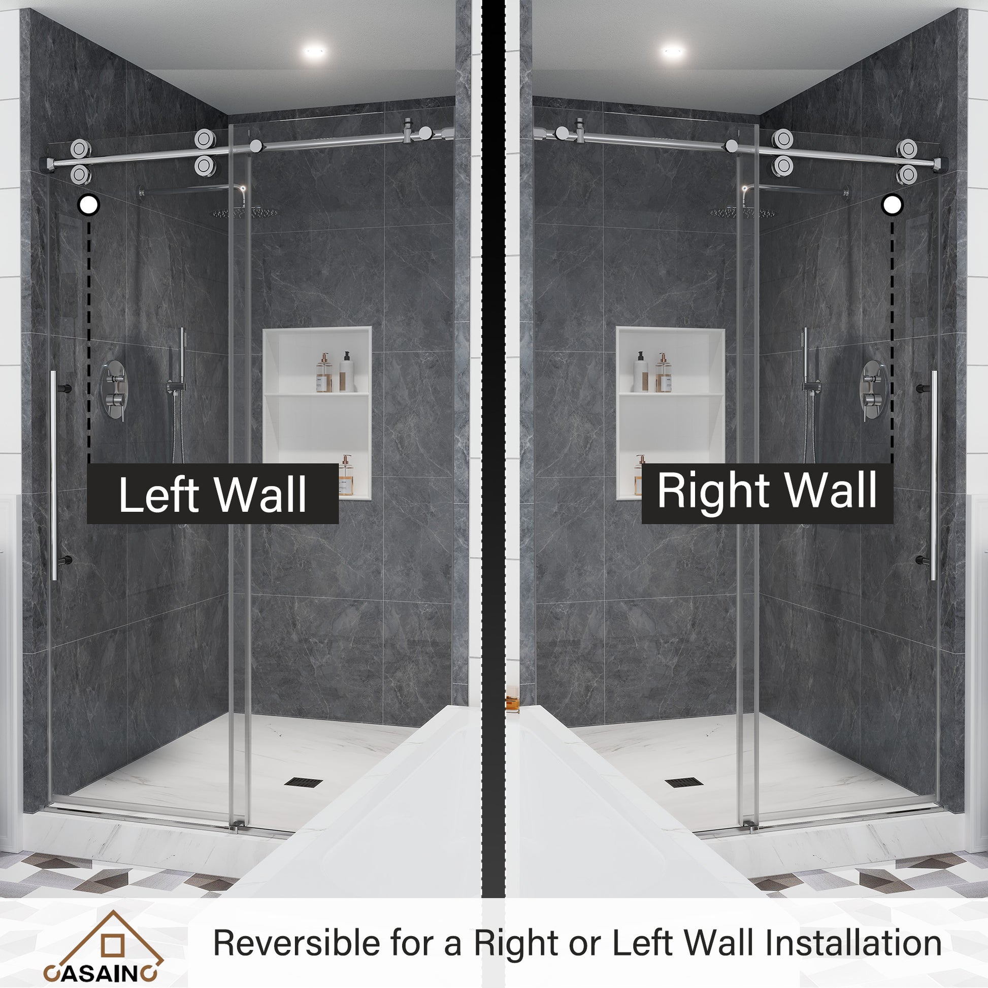 48"x76" Frameless Single Sliding Shower Door in Matte Black/Brushed Nickel/Chrome, Reversible Installation