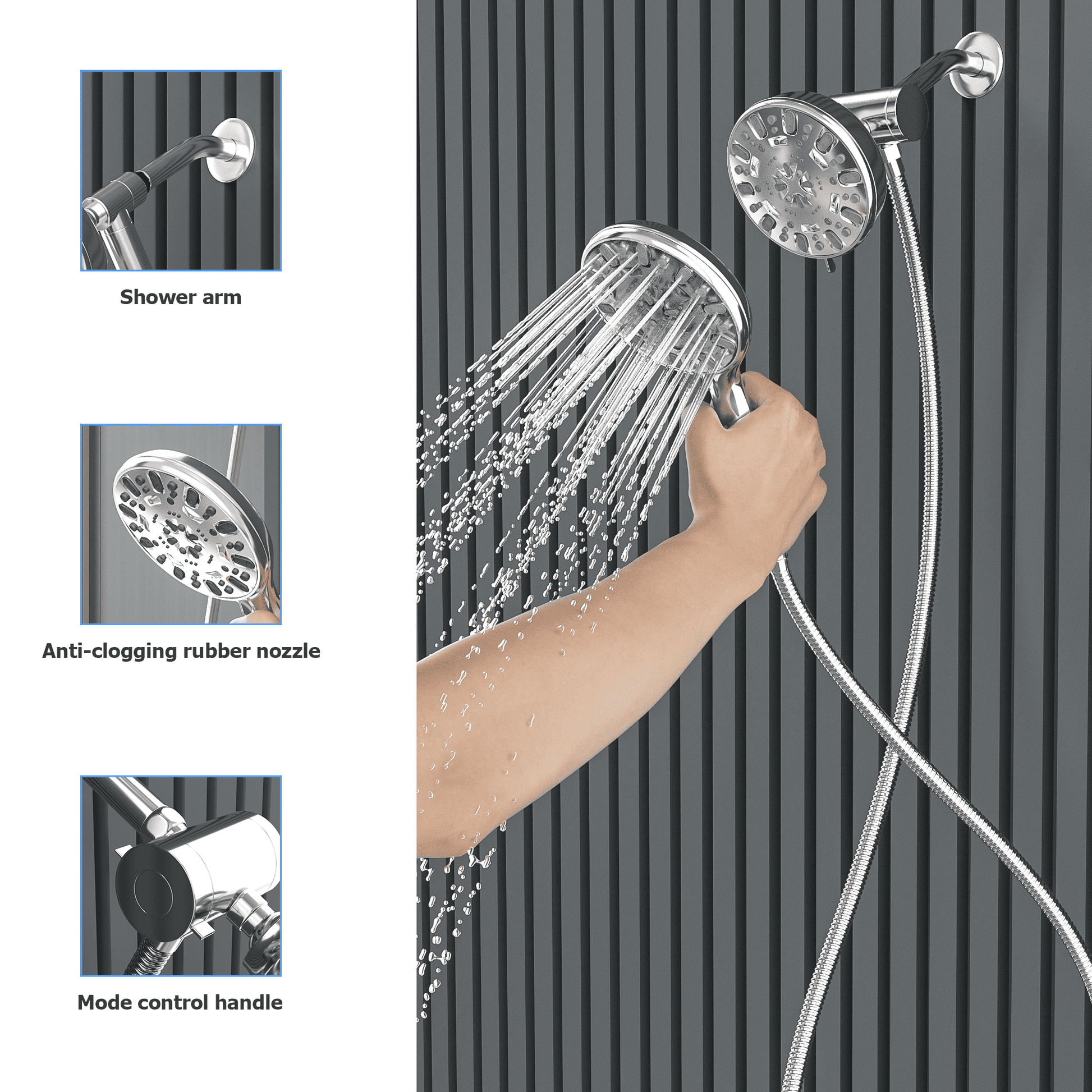 4.7" Chrome Round Shower Head Combo with 7 Spray Modes and Multi-Function Handheld Shower Head