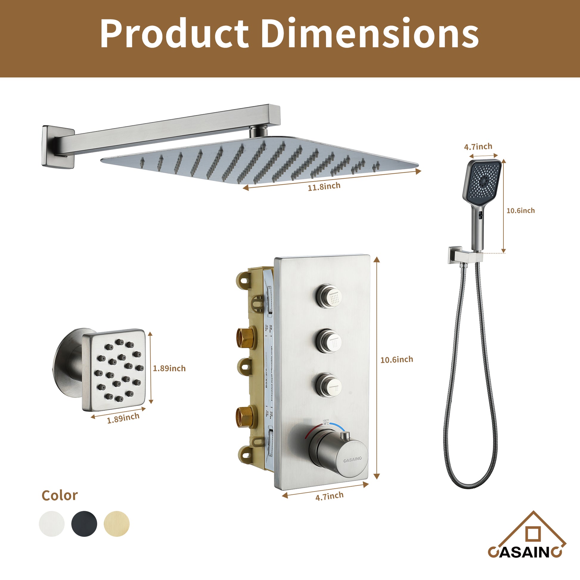 12'' Shower System With 3-Function Shower Head & 6 Body Jets