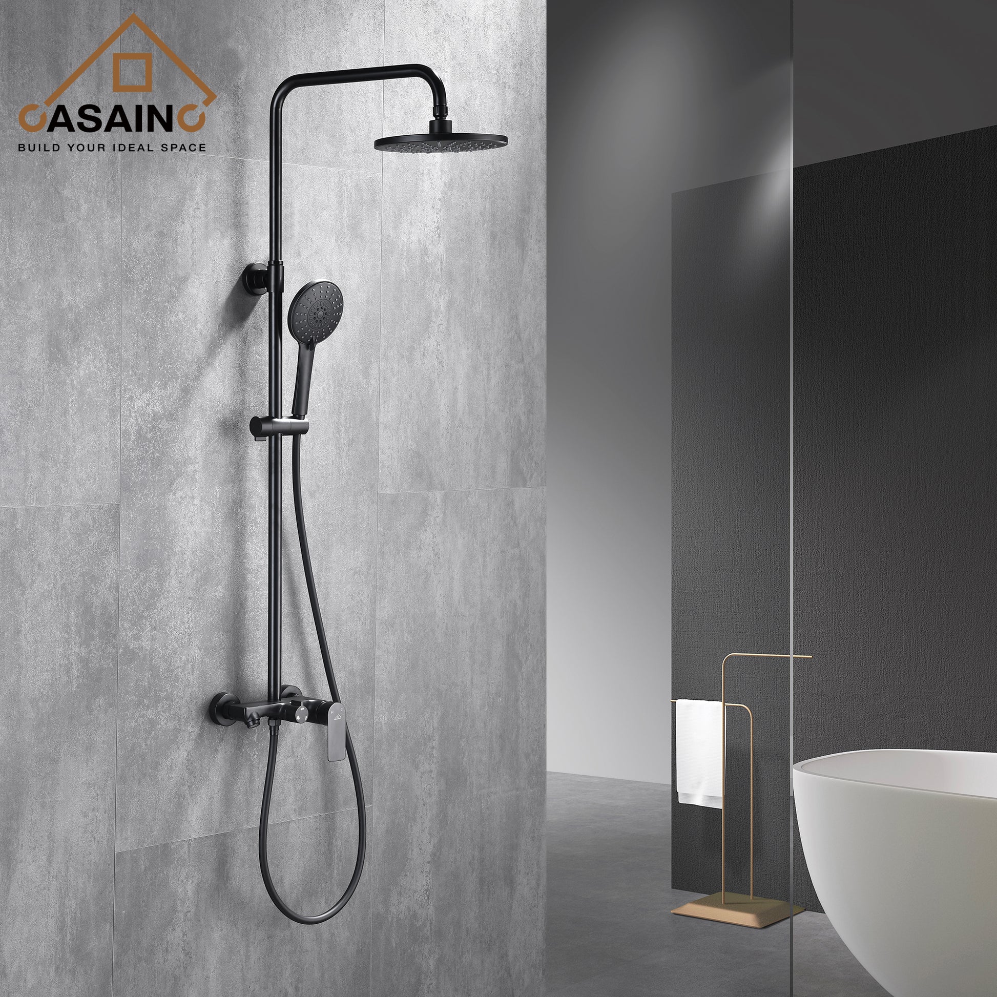 CASAINC 8-in Round spray Shower system with sliding rods in Mattle black