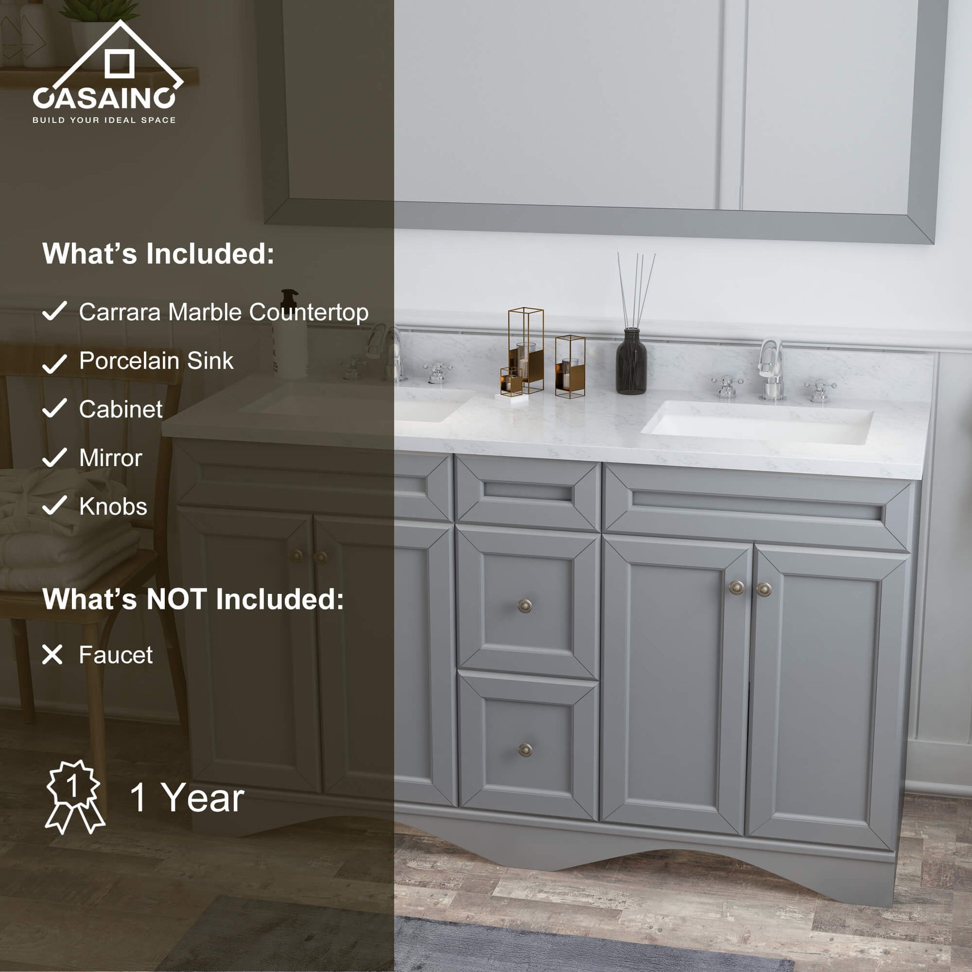 CASAINC 60 x 22 x 35.4 in. Solid Wood Bath Vanity with Marble Top and Backsplash in Gray/White (No/With Mirror)