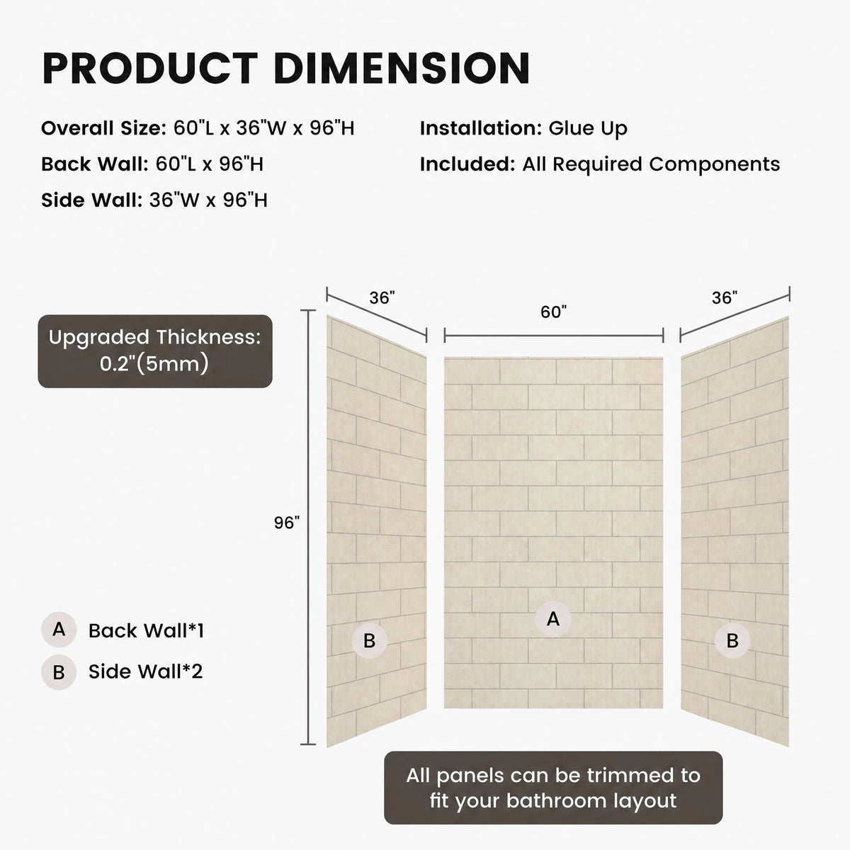 60"x36"/48"x96" Medium Tile Pattern SMC Shower Wall Panel System in 4 Finishes