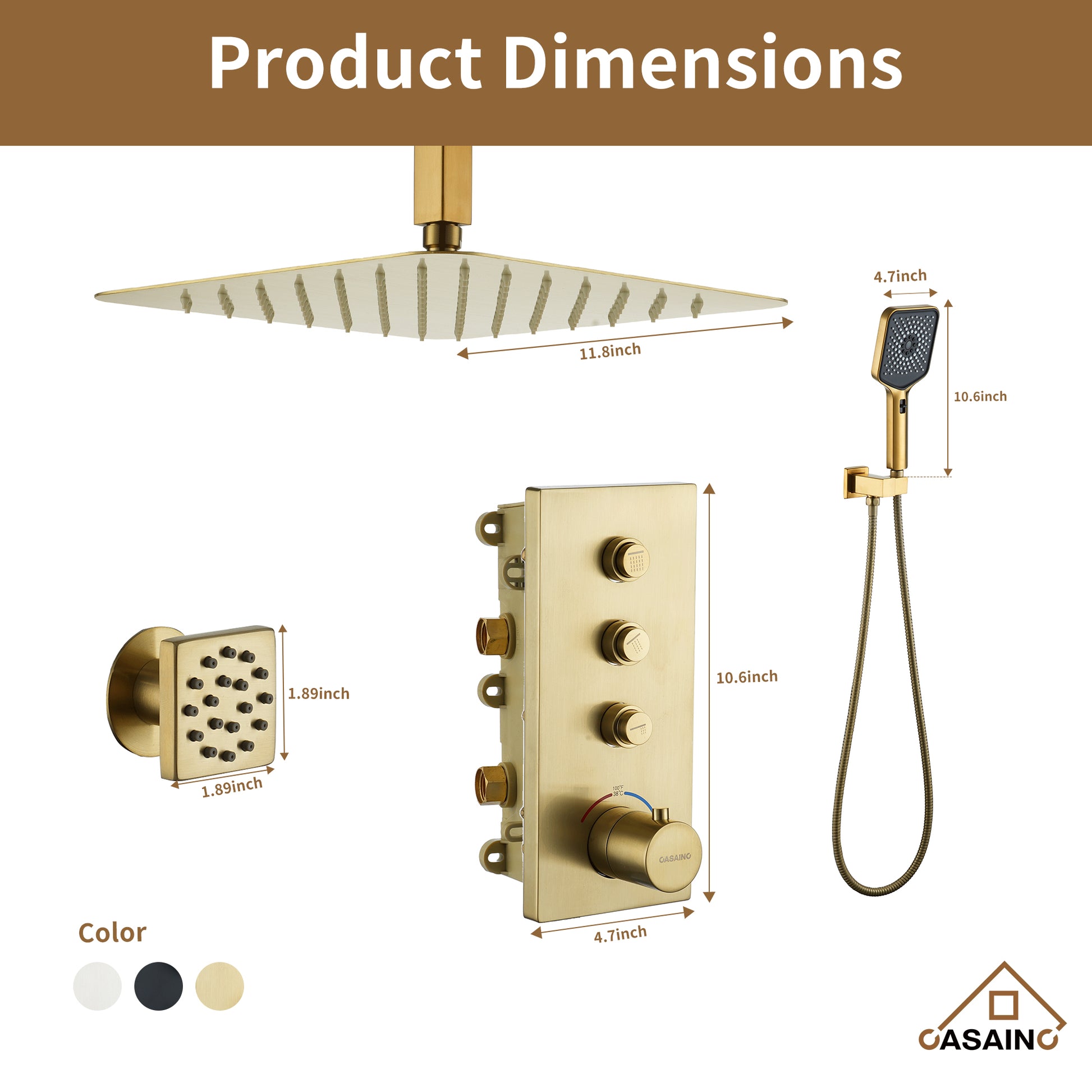 12'' Shower System With 3-Function Shower Head & 6 Body Jets