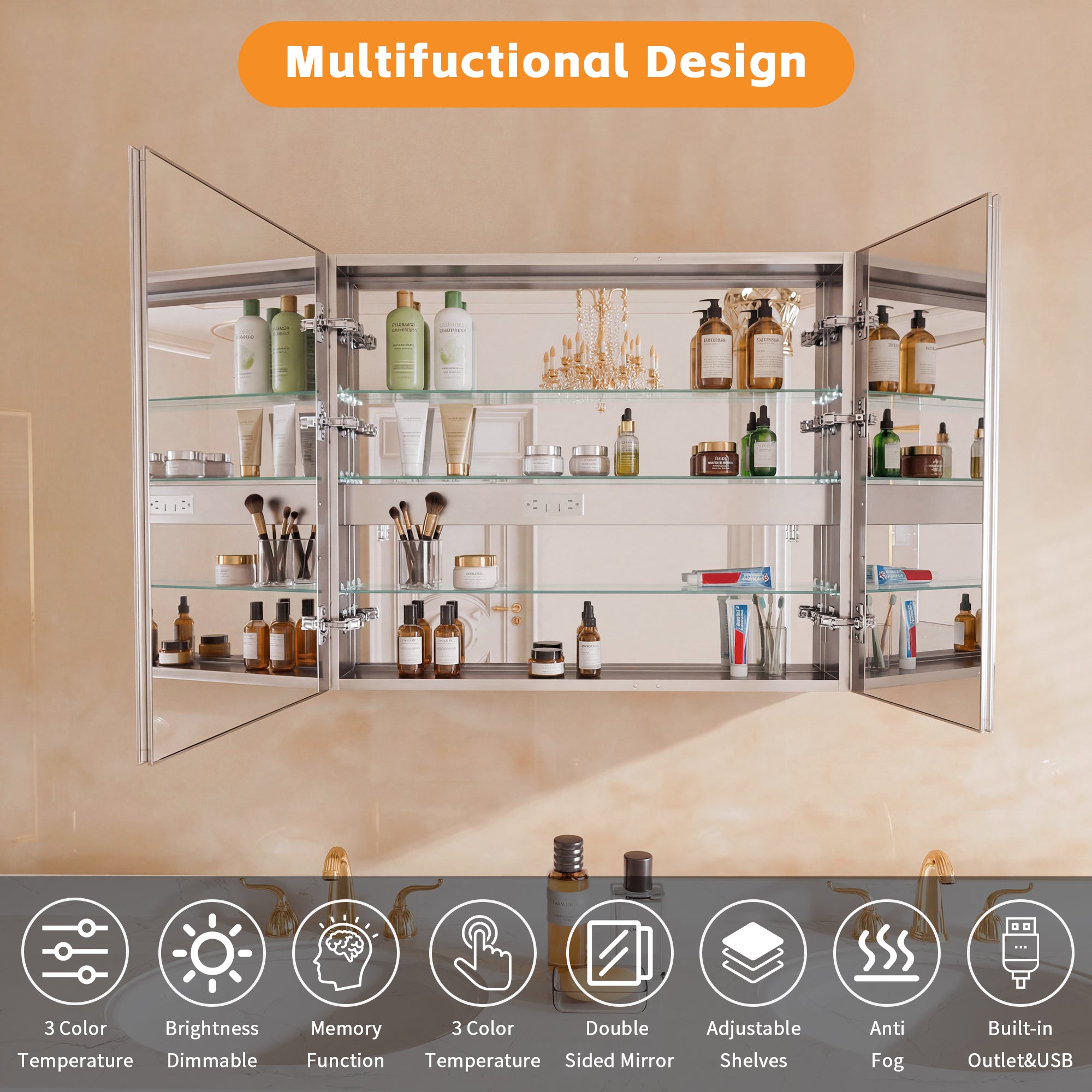 42" W x 30" H LED Lighted Bathroom Medicine Cabinet with Mirror, Tempered Glass Door, Anti-Fog Function and Adjustable Shelves Storage Cabinet