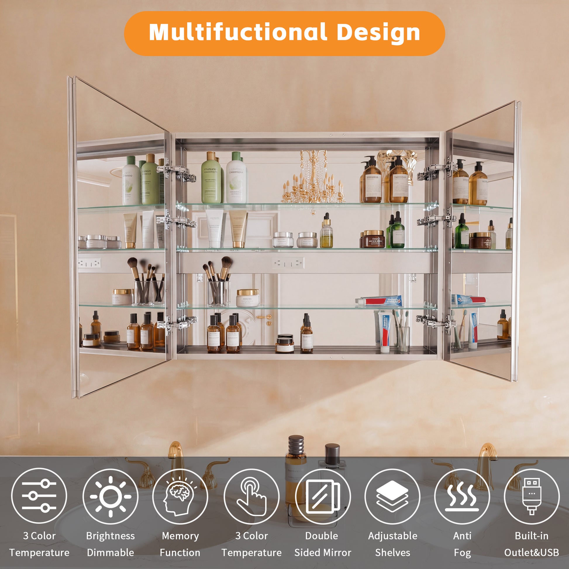 42" W x 30" H LED Lighted Bathroom Medicine Cabinet with Mirror, Tempered Glass Door, Anti-Fog Function and Adjustable Shelves Storage Cabinet